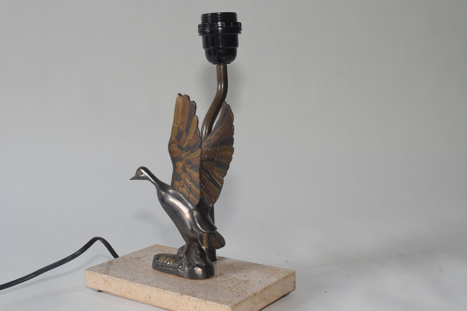 Vintage Duck Desk Lamp, Sculpted Bronze-Toned Metal Bird, Travertine Base, 1970s