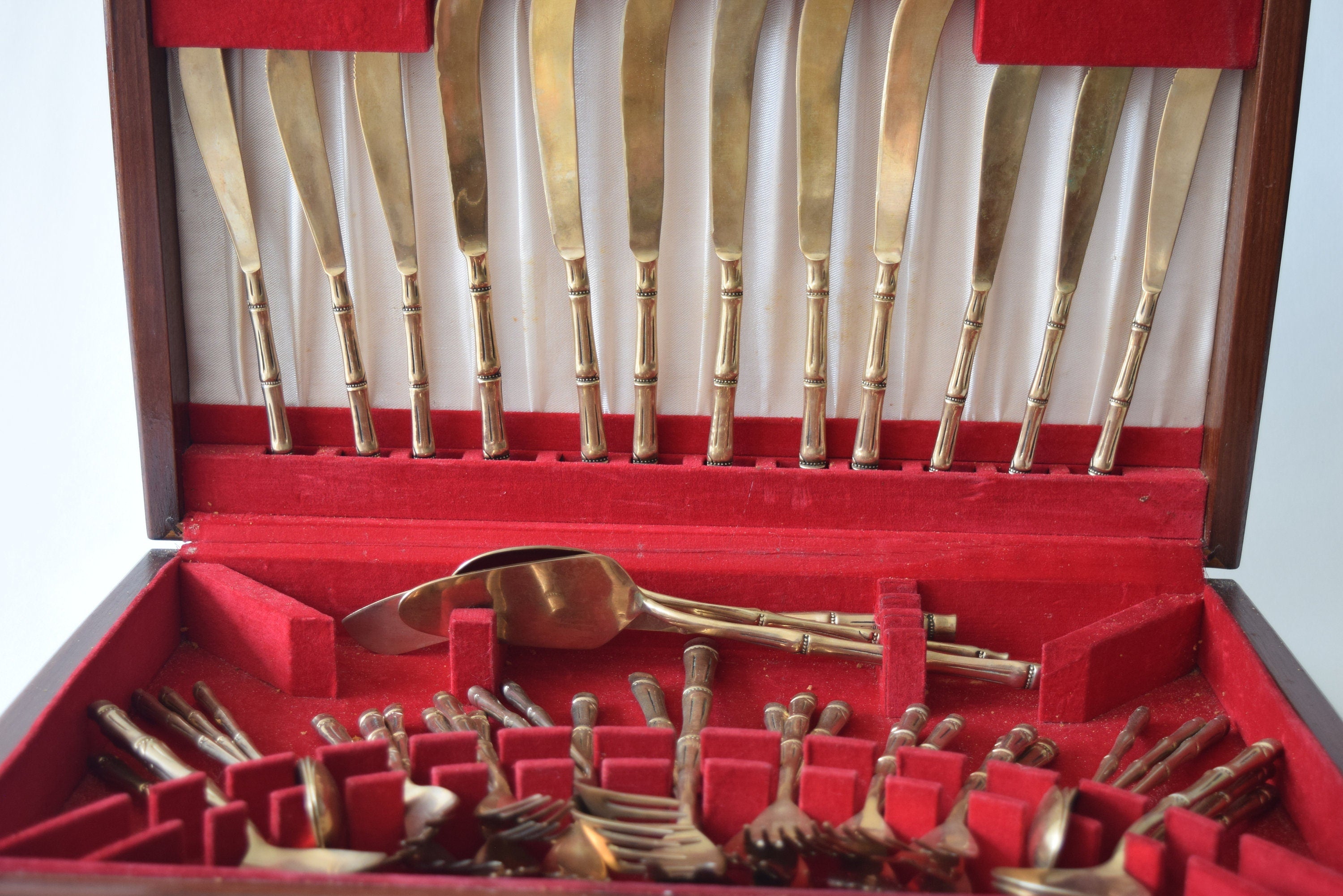 Vintage Bronze-Toned Bamboo Handle Flatware Set, Service for Six — Thai Style