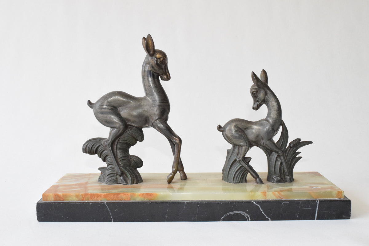 Art Deco Zalmac Deer Pair, Marble Base — French Style, Circa 1920s–1940s