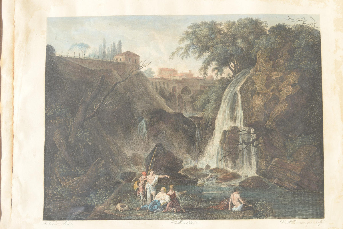 Antique Hand-Colored Engraving, La Cascade, Vallaert & Pillemant, 18th Century, Framed Waterfall Landscape Print
