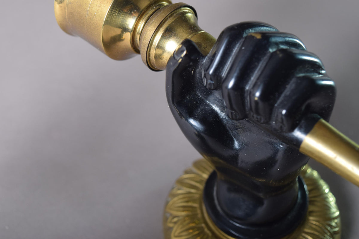 Art Deco Brass Torch Sconces, Fist-Holding Design, 1930s Solid Brass Wall Lights, Rare Statement Lighting, Pair