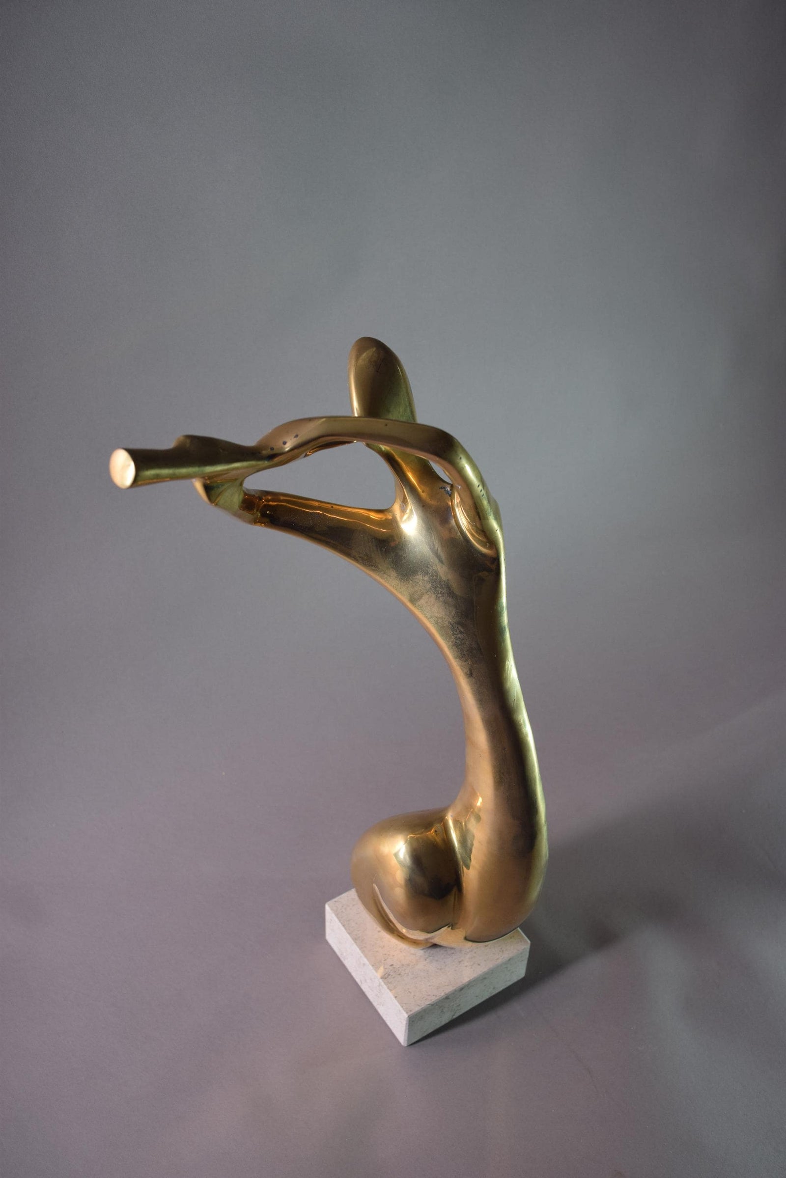 Vintage Brass Musician Sculpture, Abstract Art Deco Style Figure, Travertine Base, 1980s