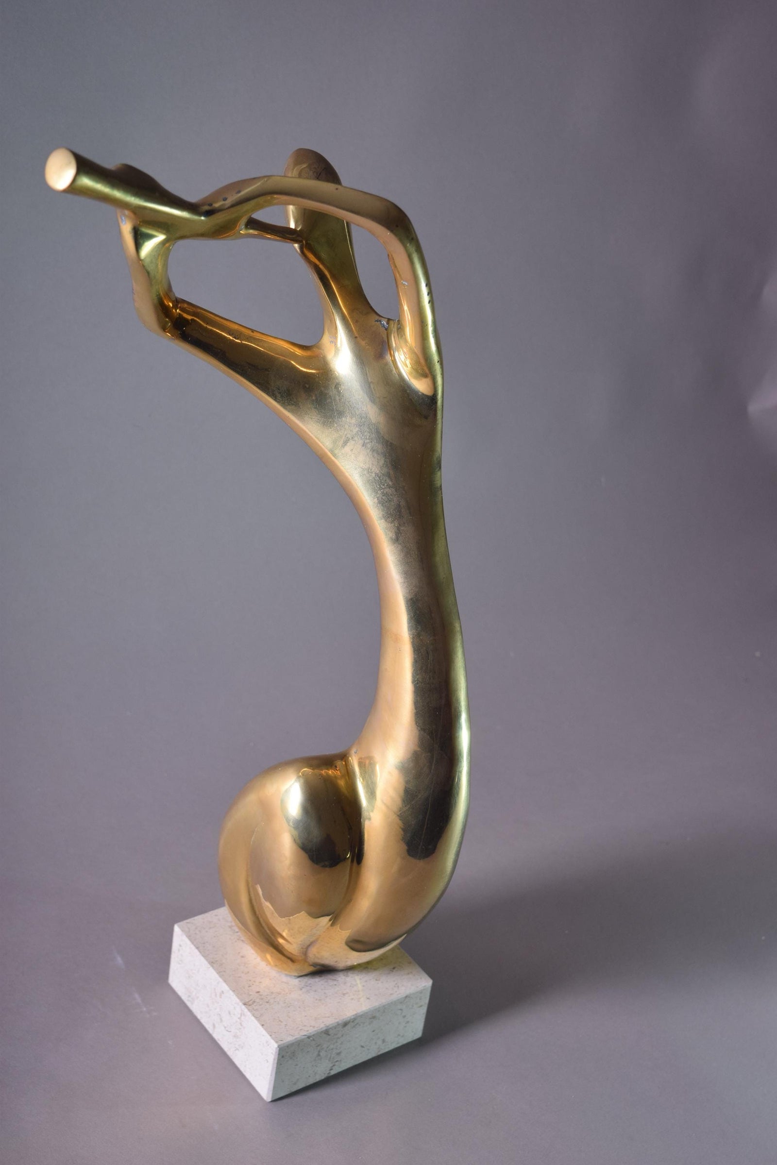 Vintage Brass Musician Sculpture, Abstract Art Deco Style Figure, Travertine Base, 1980s