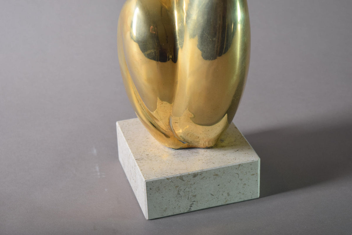Vintage Brass Musician Sculpture, Abstract Art Deco Style Figure, Travertine Base, 1980s