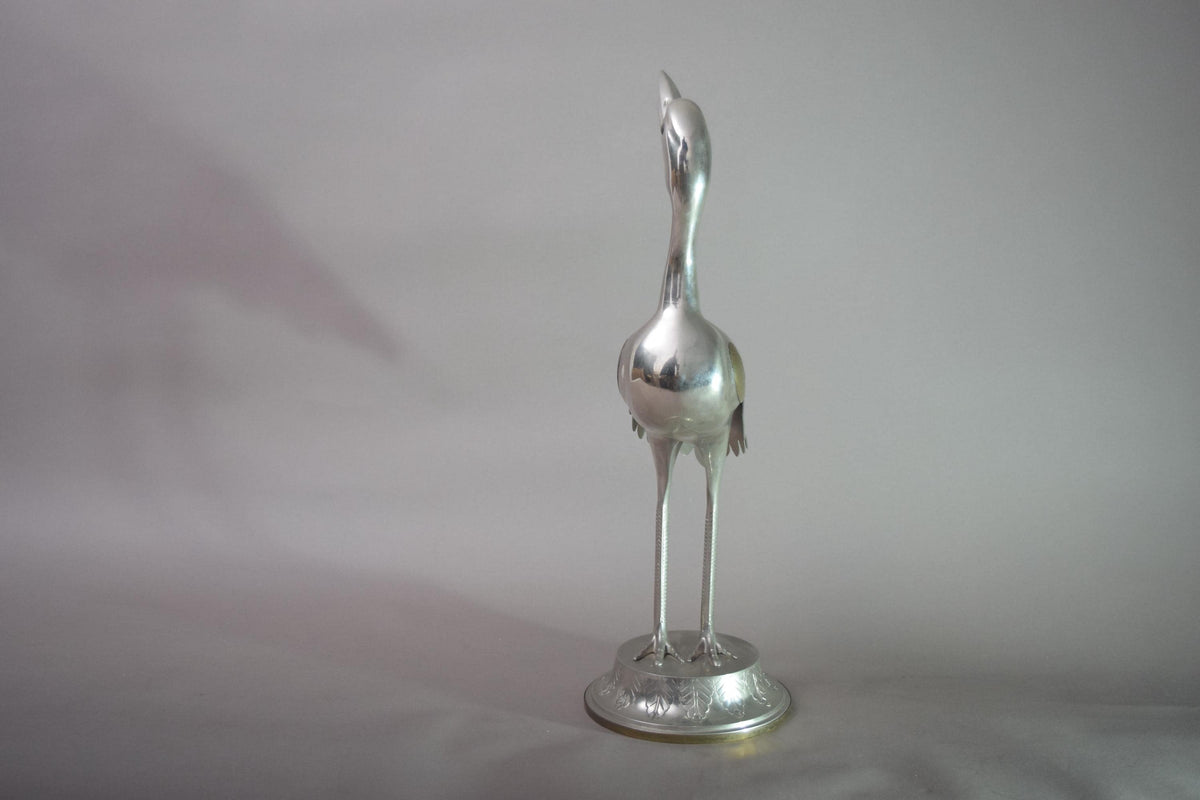 Vintage Silver-Toned Crane Bird Sculpture, Art Deco Style, Brass Accents, 1960s