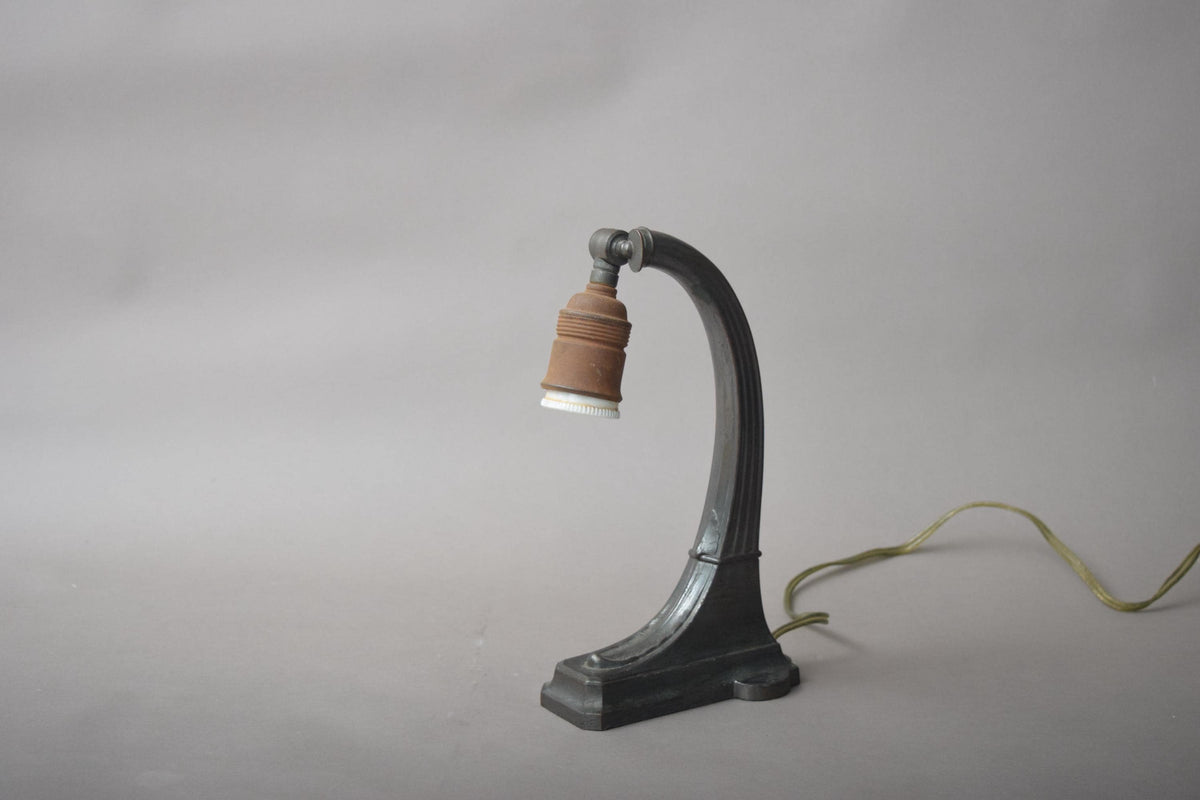 Antique Brass Gooseneck Desk Lamp, Fluted Stepped Base — American, circa 1920s