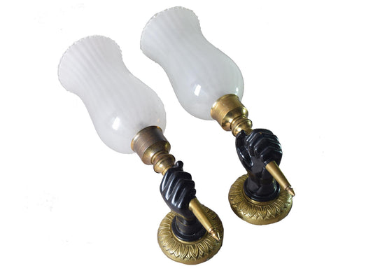 Art Deco Pair of solid brass wall scones fist holding torch 1930s