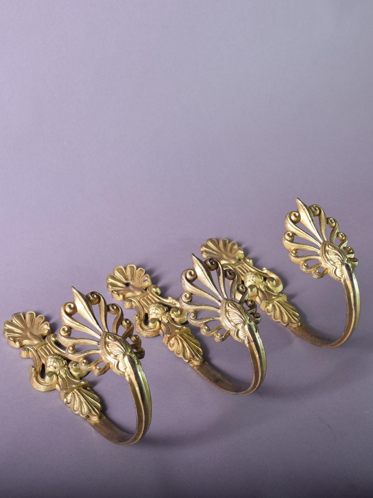 Antique Gilded Bronze Curtain Holdbacks, French 19th Century Foliate Scroll Design (Set of 3)