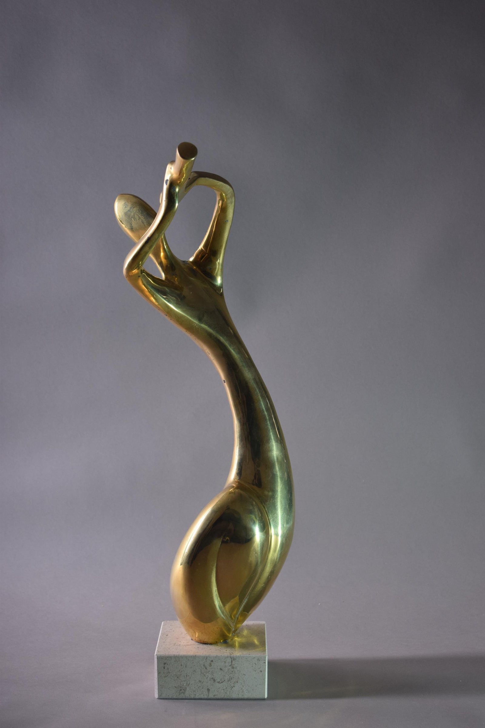 Vintage Brass Musician Sculpture, Abstract Art Deco Style Figure, Travertine Base, 1980s