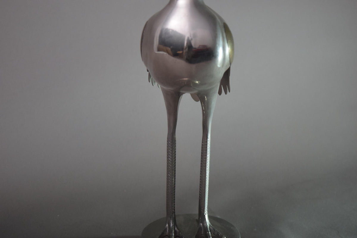 Vintage Silver-Toned Crane Bird Sculpture, Art Deco Style, Brass Accents, 1960s