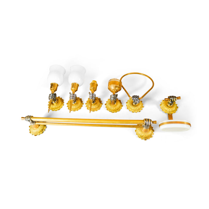 Antique Bronze Bathroom Fixture Set, Fist-Motif Sconces — French Art Deco Style, 1930s, 7 Pieces