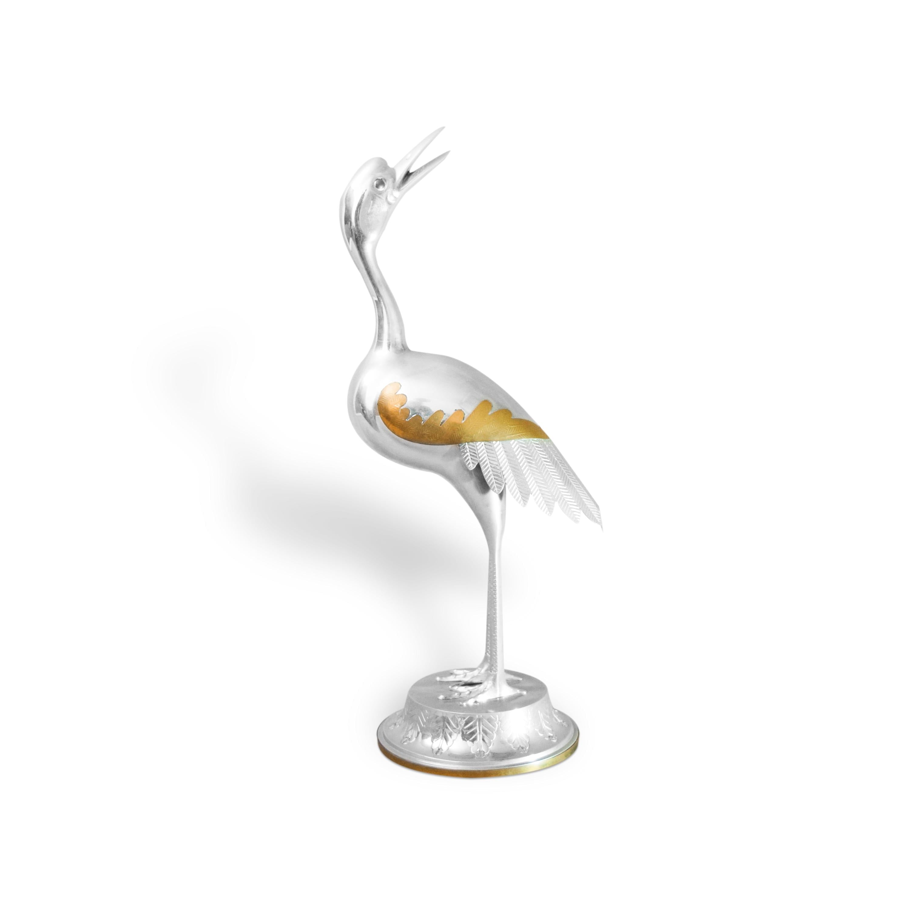 Vintage Silver-Toned Crane Bird Sculpture, Art Deco Style, Brass Accents, 1960s