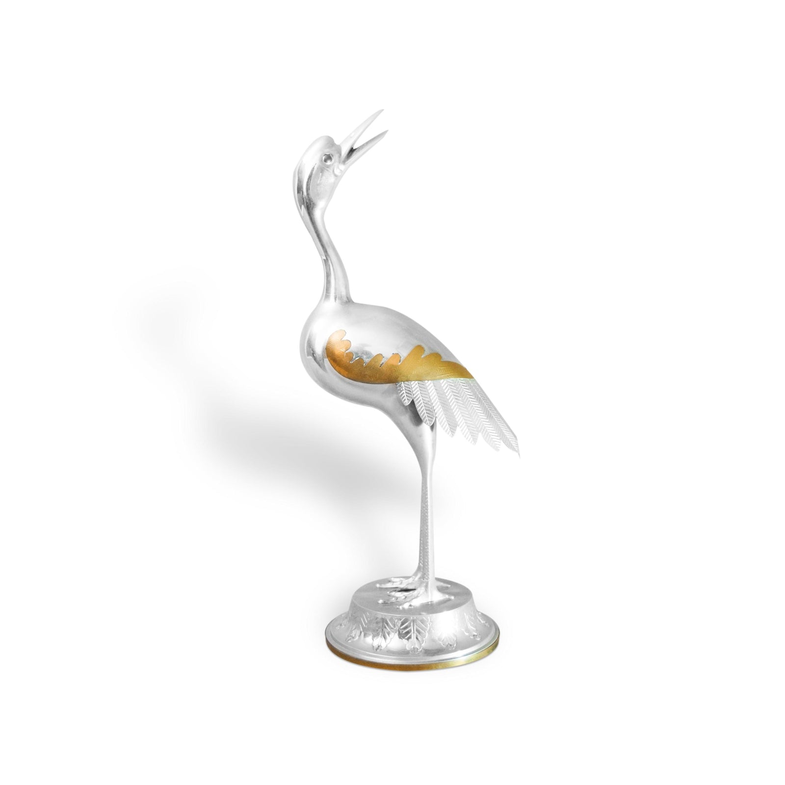 Vintage Silver-Toned Crane Bird Sculpture, Art Deco Style, Brass Accents, 1960s