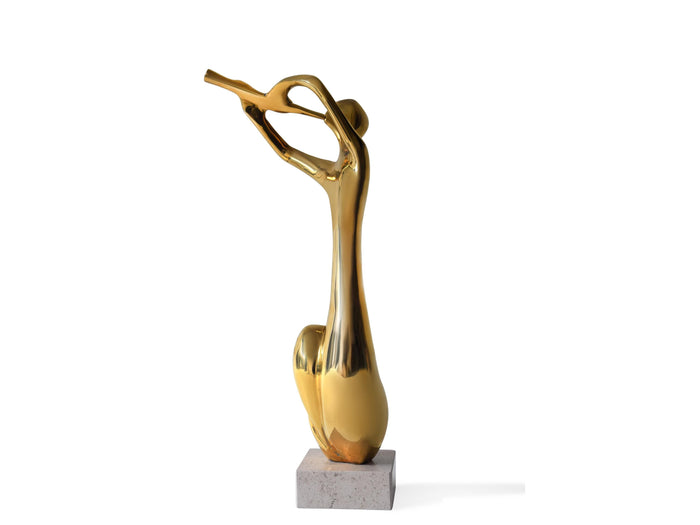 Vintage Brass Musician Sculpture, Abstract Art Deco Style Figure, Travertine Base, 1980s