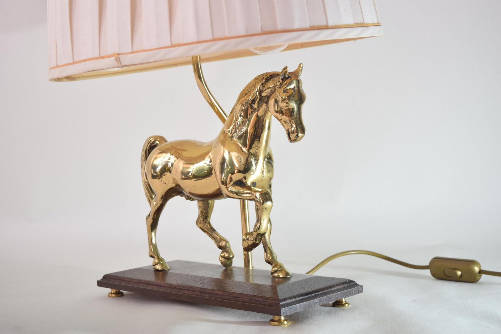 Vintage Brass Horse Table Lamp, Wooden Base, Pleated Shade, Equestrian Style, 1980s