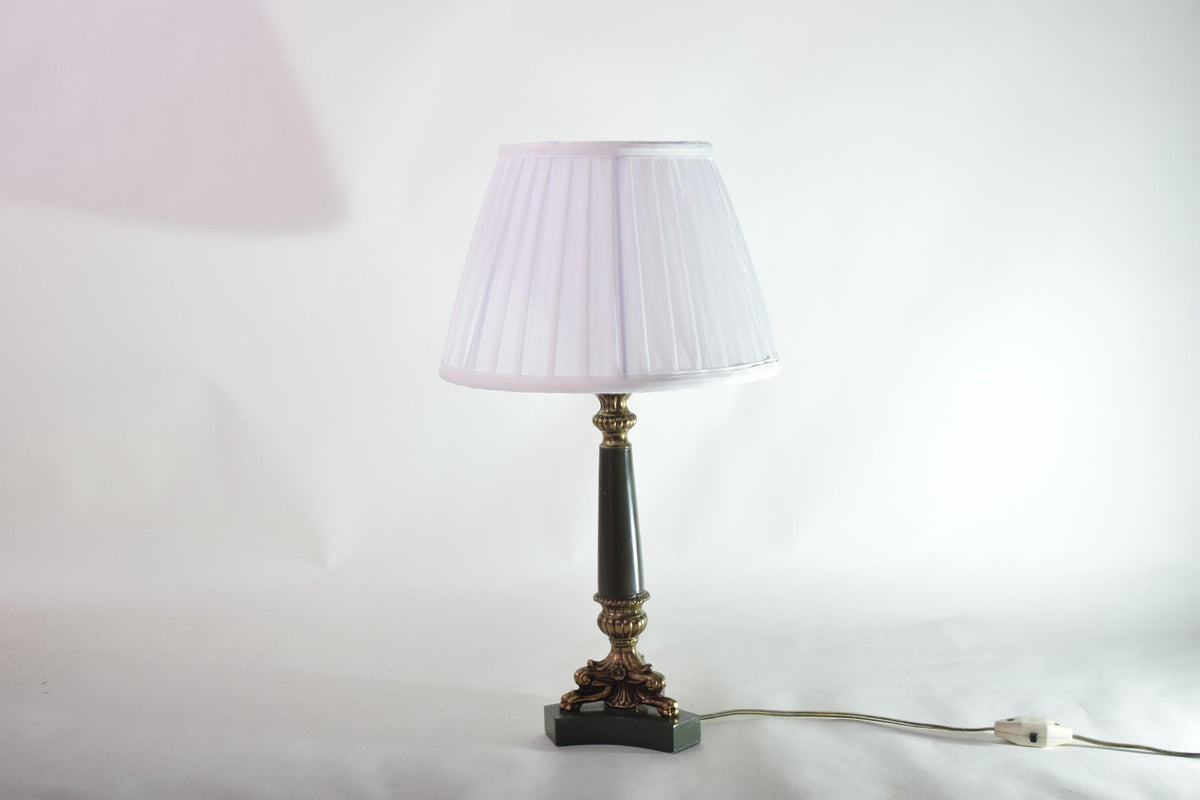 Vintage French Neoclassical Table Lamp, Gold-Toned Base, Green Column, White Pleated Shade