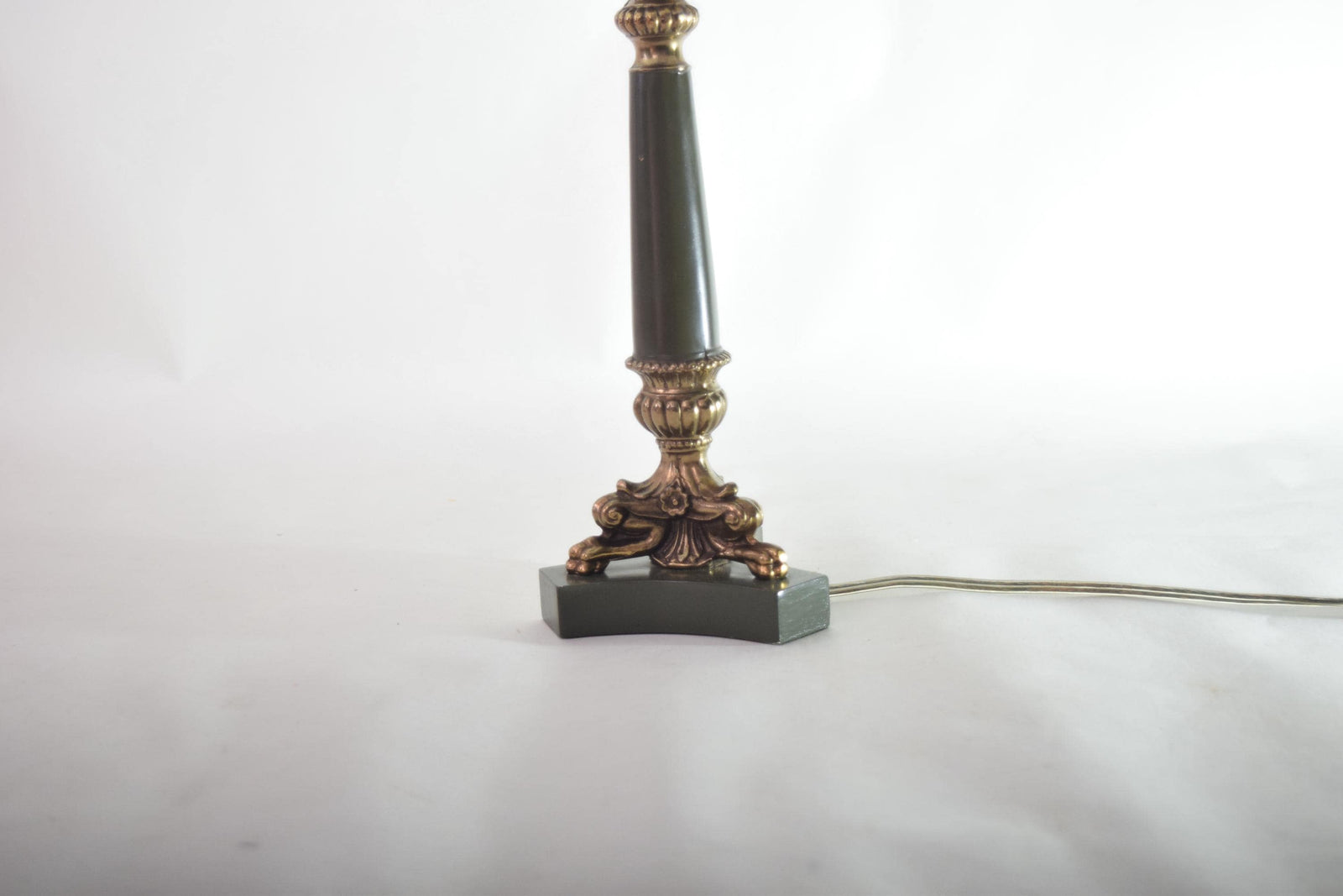 Vintage French Neoclassical Table Lamp, Gold-Toned Base, Green Column, White Pleated Shade