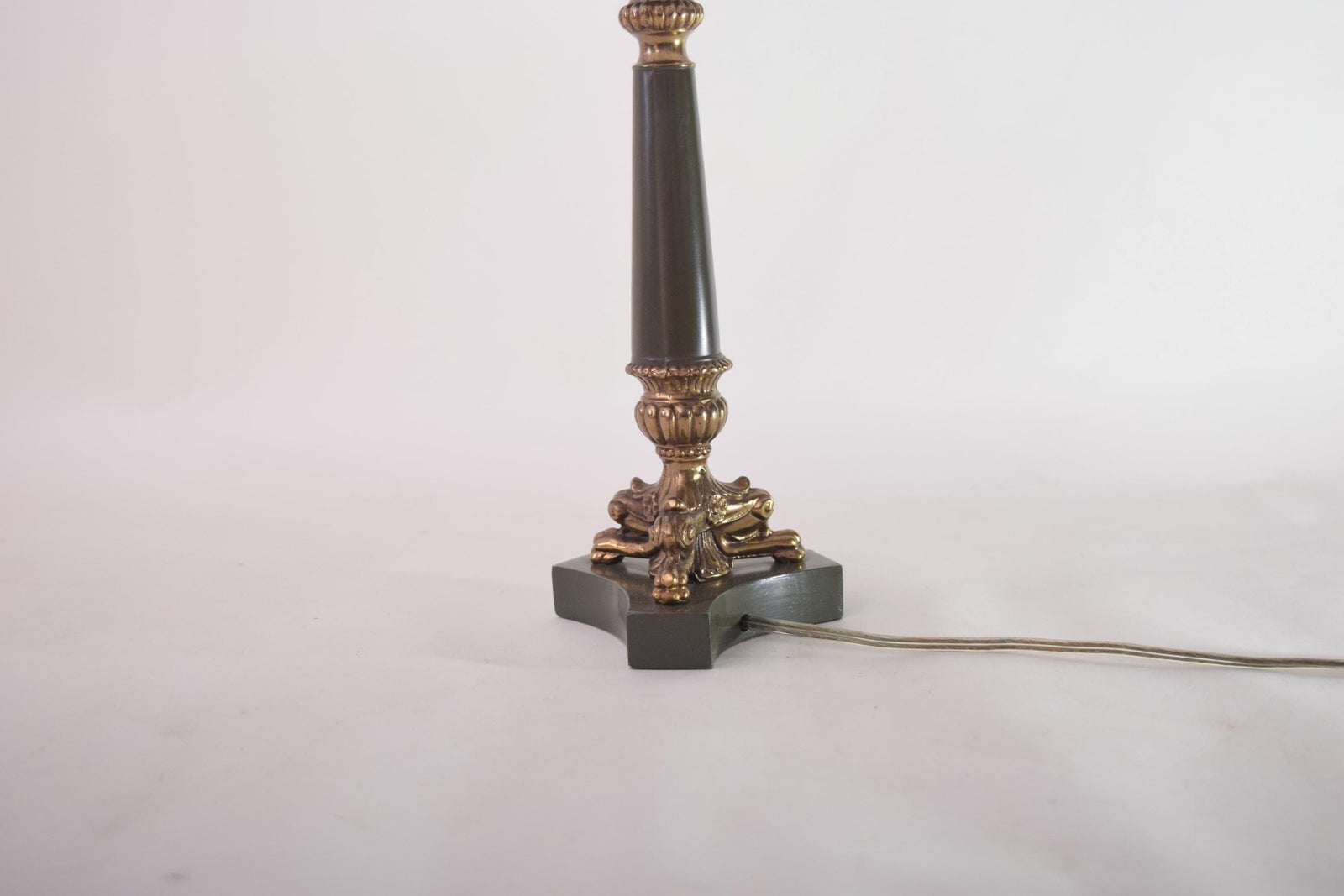Vintage French Neoclassical Table Lamp, Gold-Toned Base, Green Column, White Pleated Shade