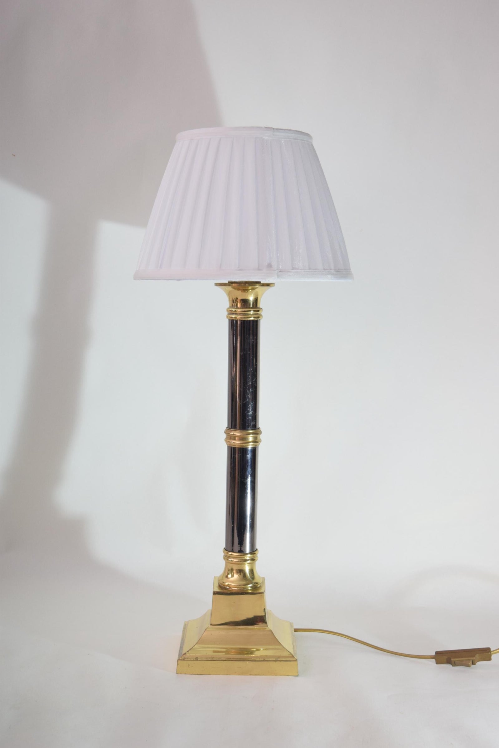 Vintage Column Table Lamp with Pleated Shade, Brass and Dark Metal, 1980s