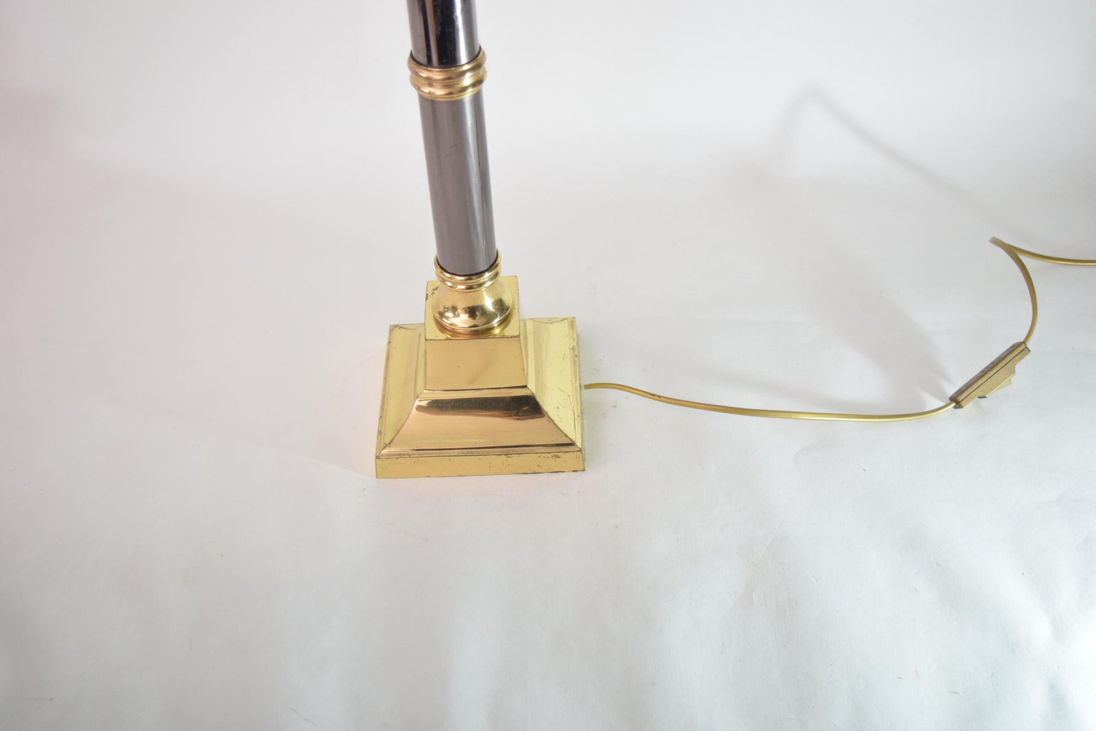 Vintage Column Table Lamp with Pleated Shade, Brass and Dark Metal, 1980s