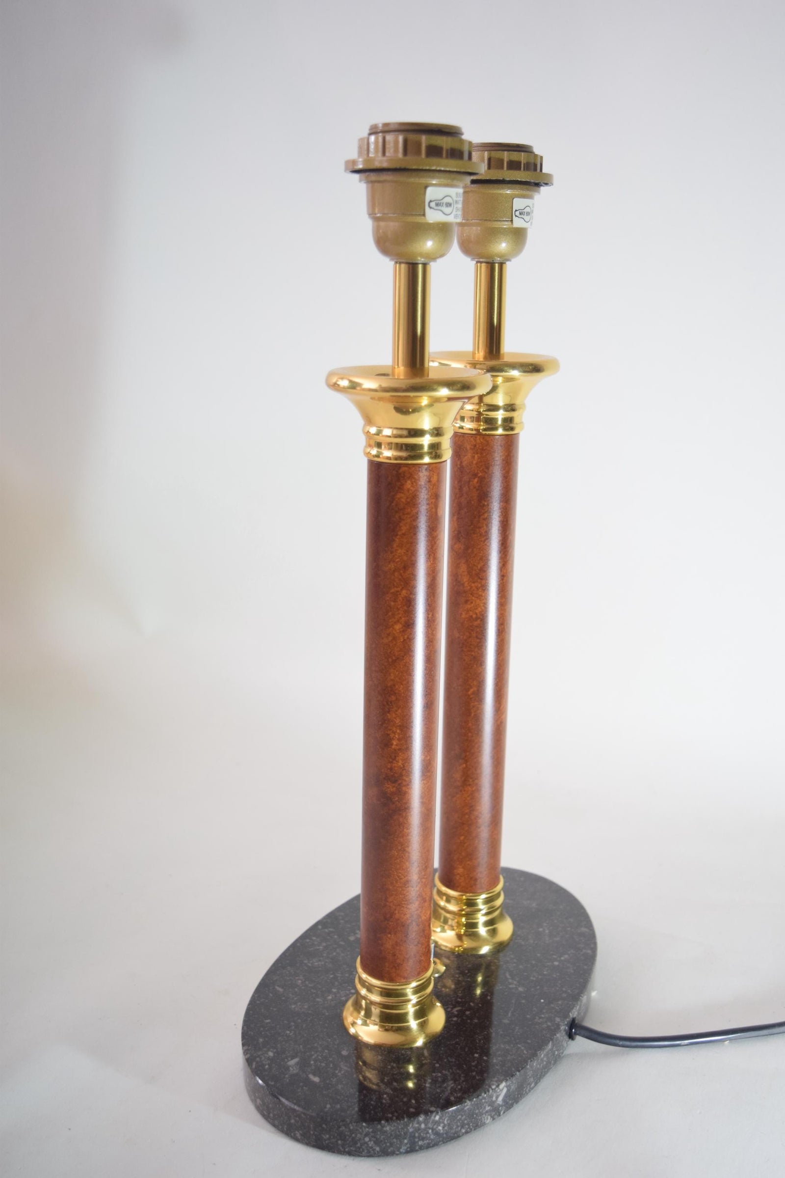 Double Column Table Lamp, Marble Base with Brass Accents — Vintage 1980s
