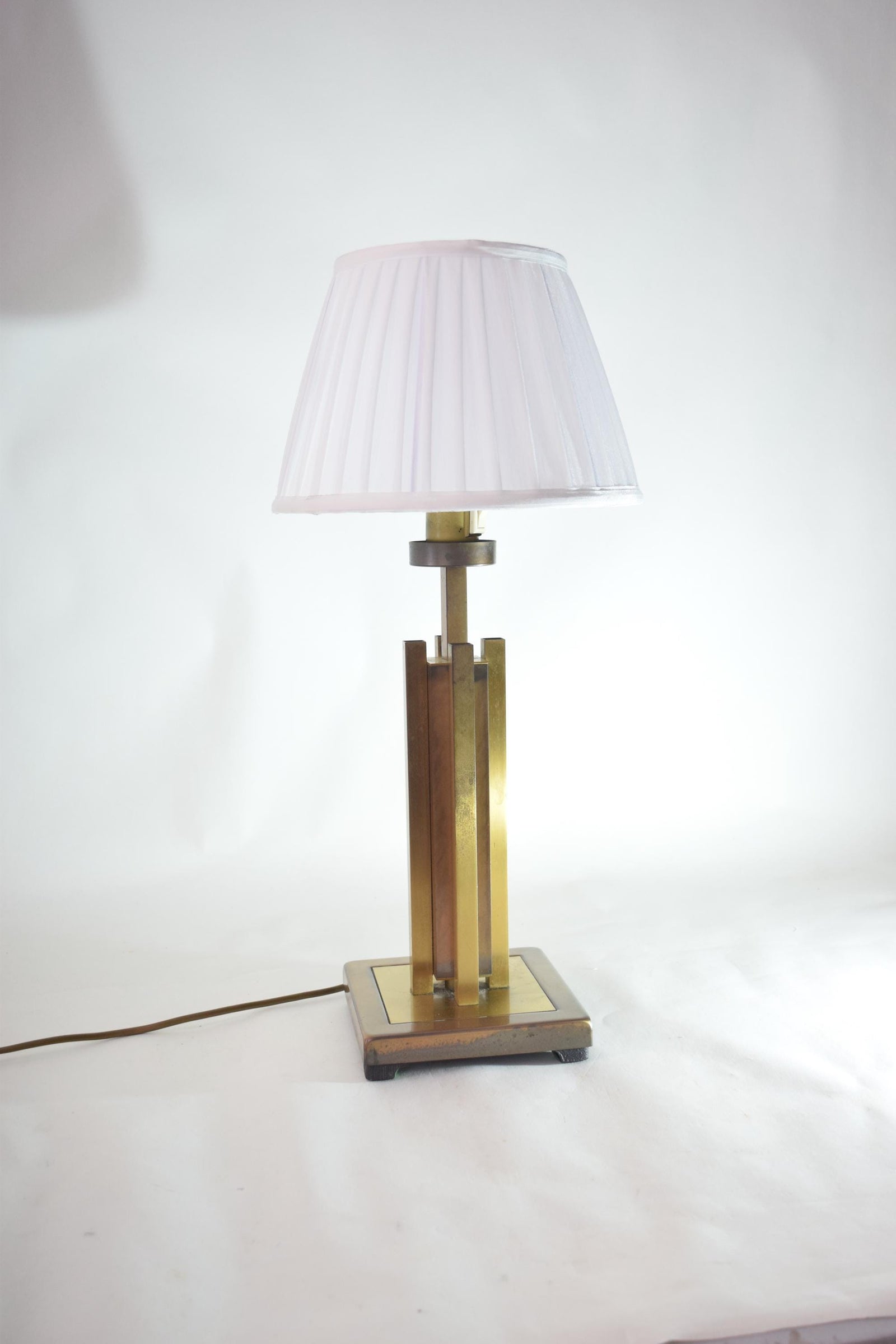 Vintage Geometric Brass Table Lamp, 1980s | Faceted Column, Pleated White Shade | Mid-Century Modern Accent Lighting