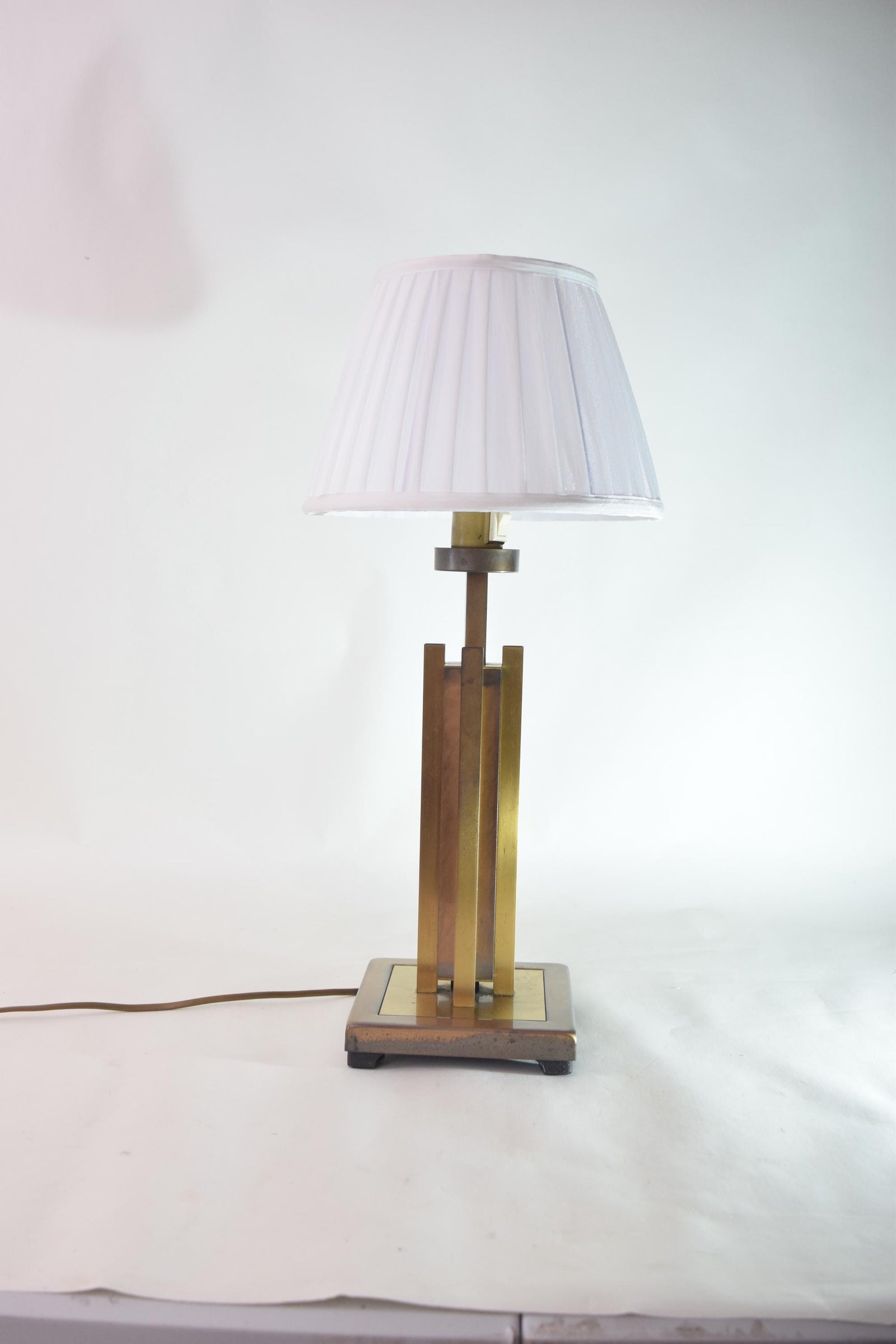 Vintage Geometric Brass Table Lamp, 1980s | Faceted Column, Pleated White Shade | Mid-Century Modern Accent Lighting
