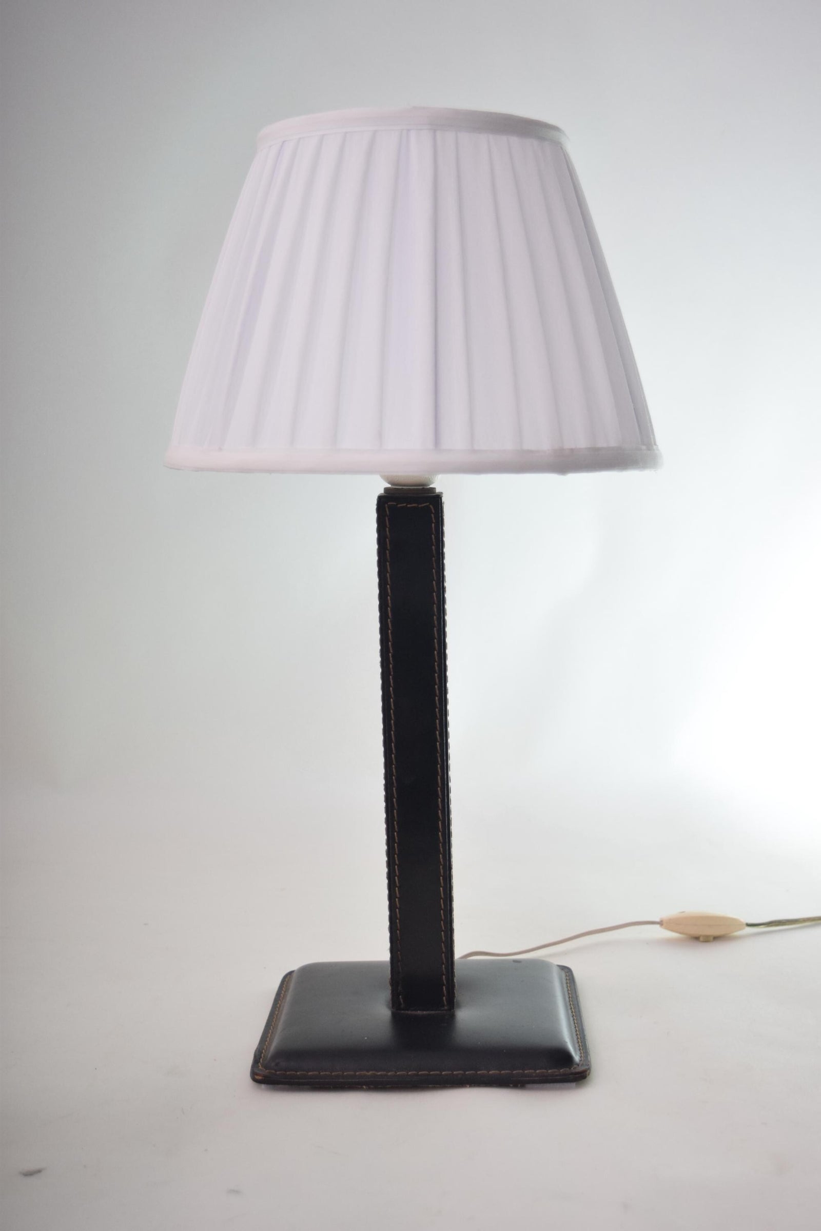 Vintage Leather Table Lamp, Pleated Shade — Mid-Century Modern, 1960s