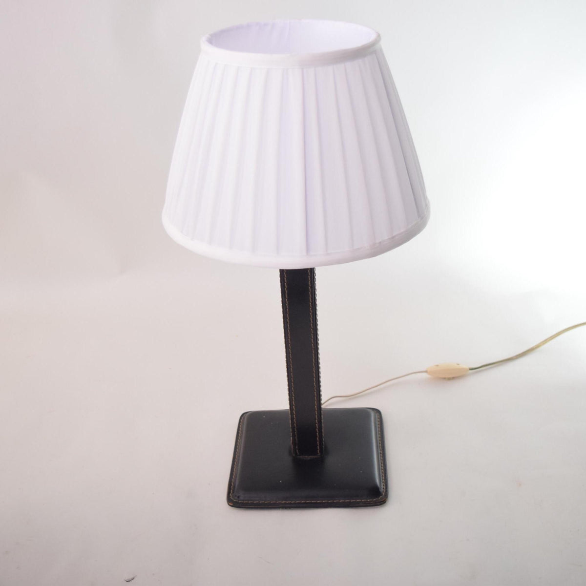 Vintage Leather Table Lamp, Pleated Shade — Mid-Century Modern, 1960s