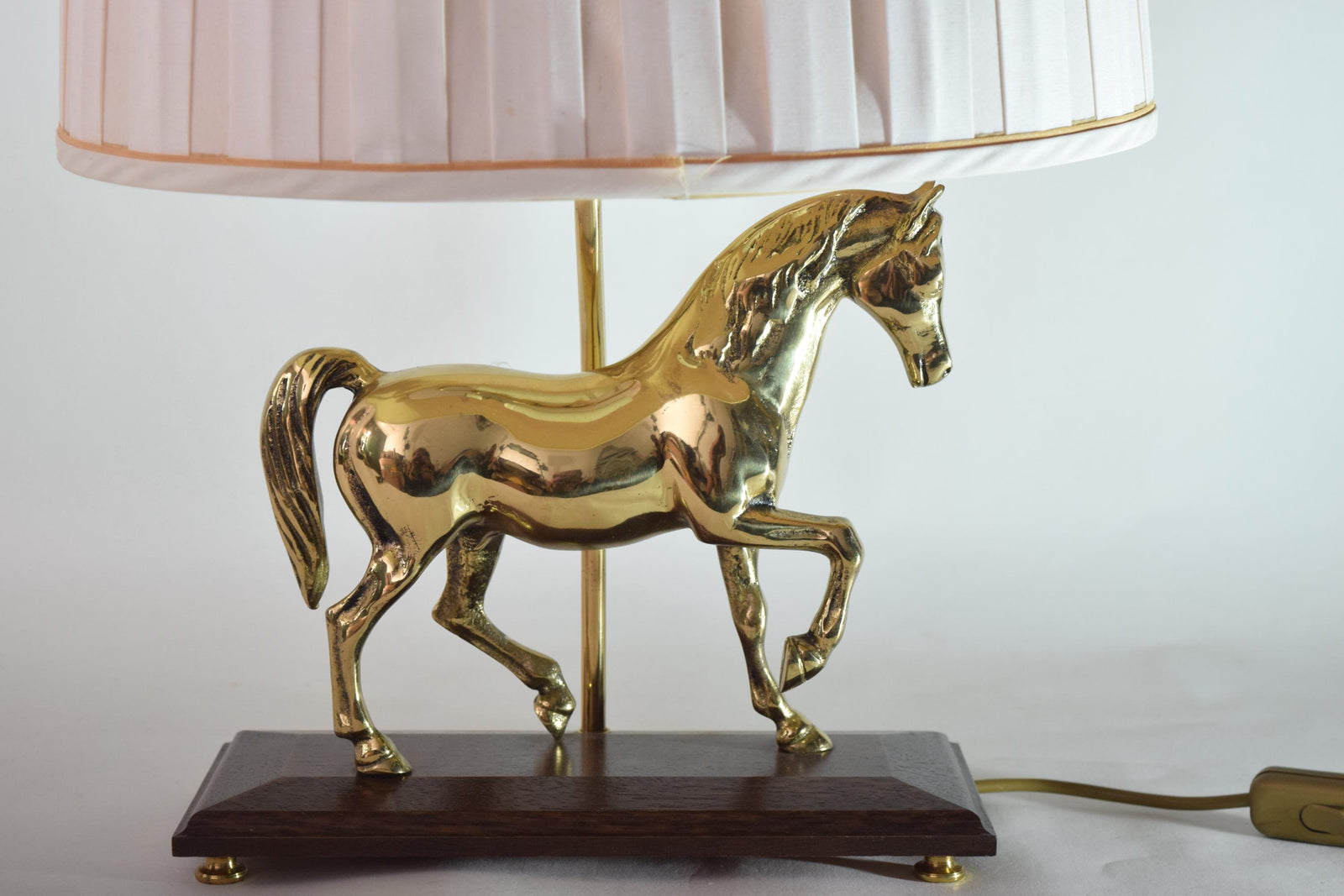 Vintage Brass Horse Table Lamp, Wooden Base, Pleated Shade, Equestrian Style, 1980s