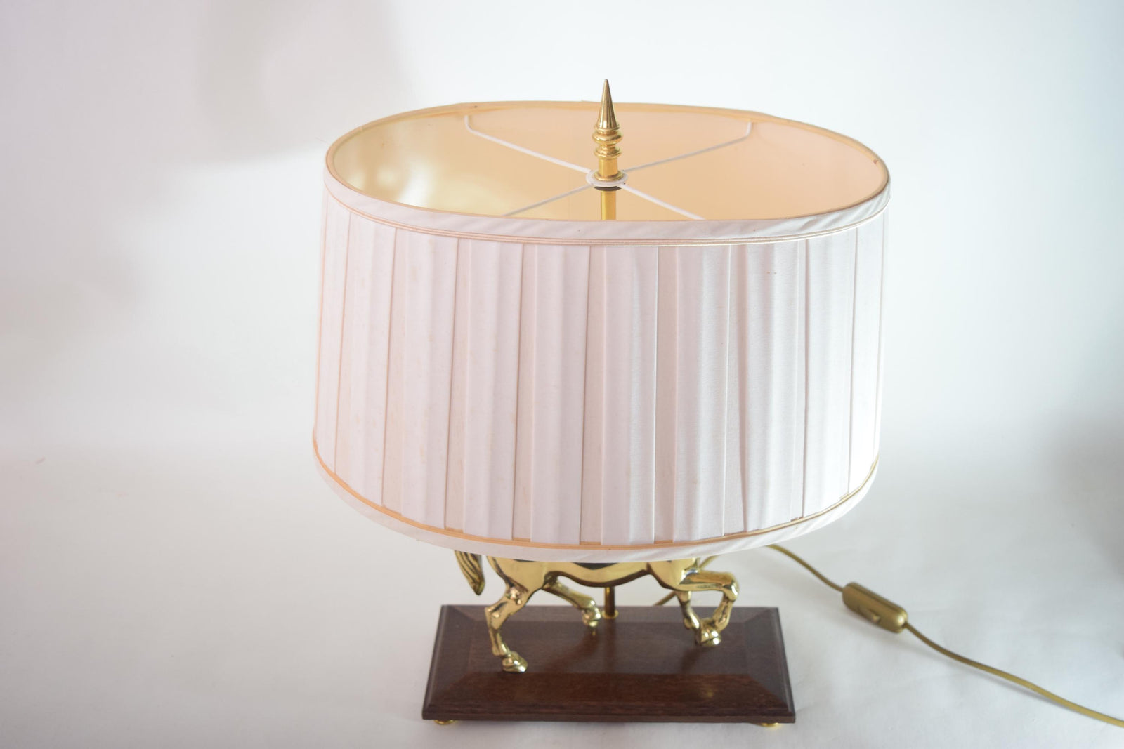 Vintage Brass Horse Table Lamp, Wooden Base, Pleated Shade, Equestrian Style, 1980s