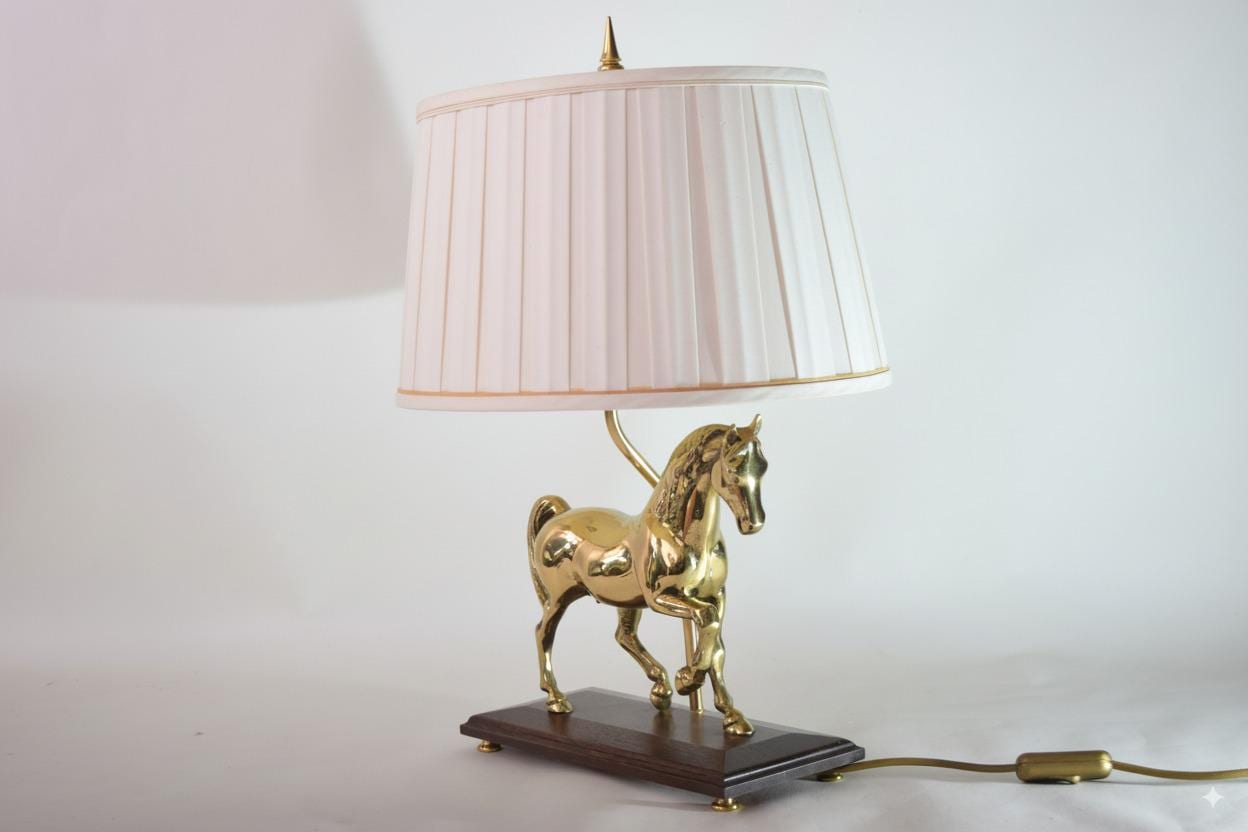 Vintage Brass Horse Table Lamp, Wooden Base, Pleated Shade, Equestrian Style, 1980s