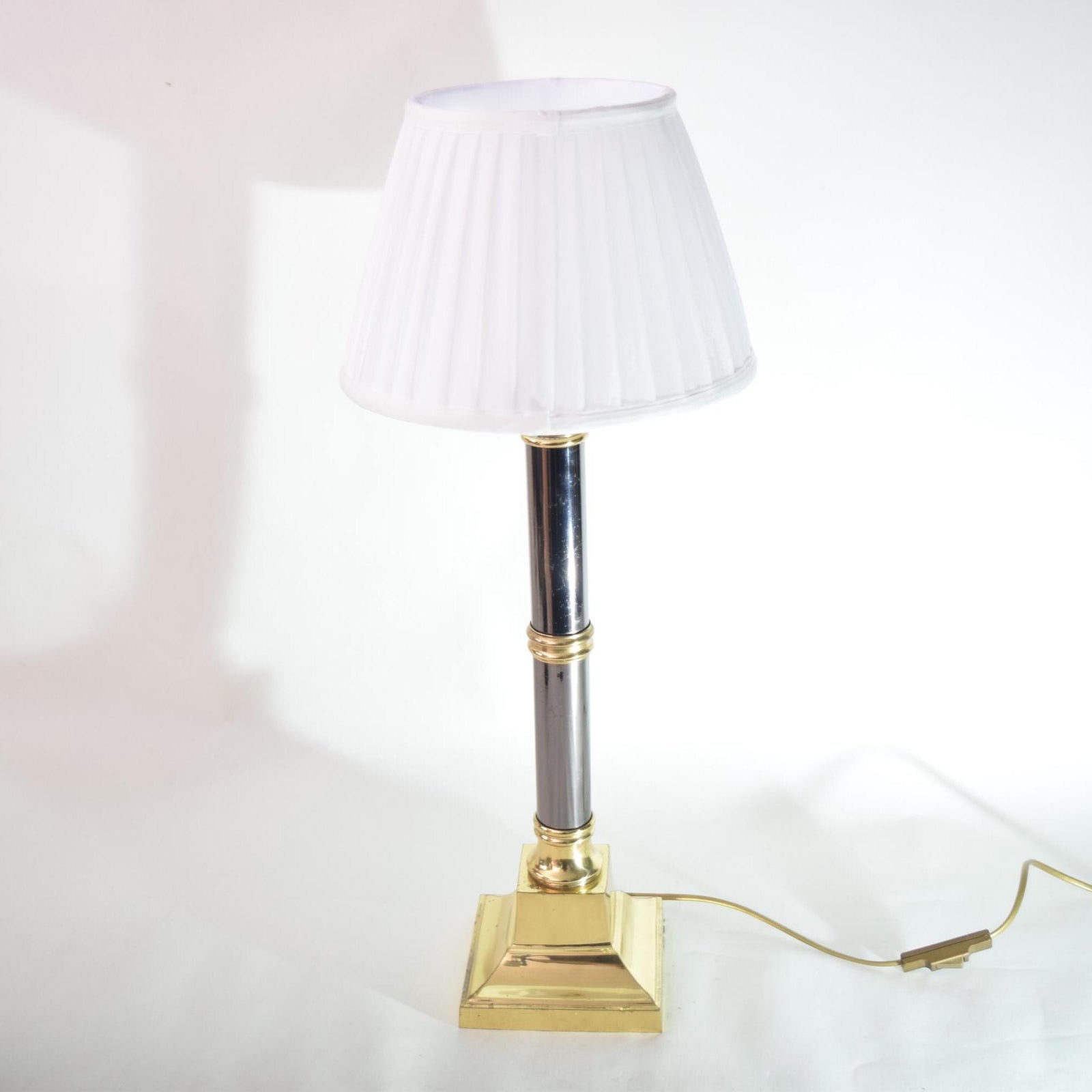 Vintage Column Table Lamp with Pleated Shade, Brass and Dark Metal, 1980s