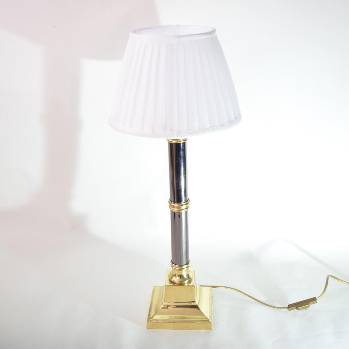 Vintage Column Table Lamp with Pleated Shade, Brass and Dark Metal, 1980s