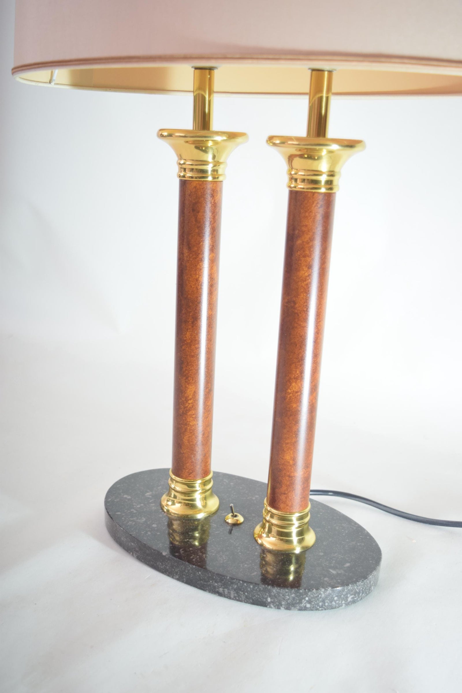 Double Column Table Lamp, Marble Base with Brass Accents — Vintage 1980s