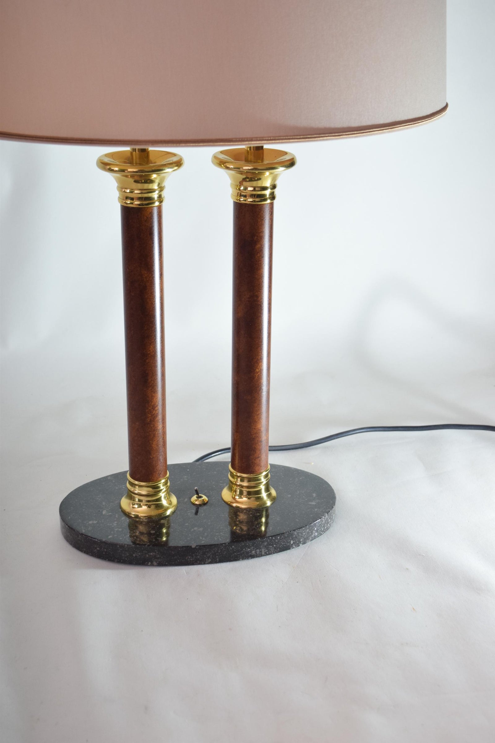 Double Column Table Lamp, Marble Base with Brass Accents — Vintage 1980s