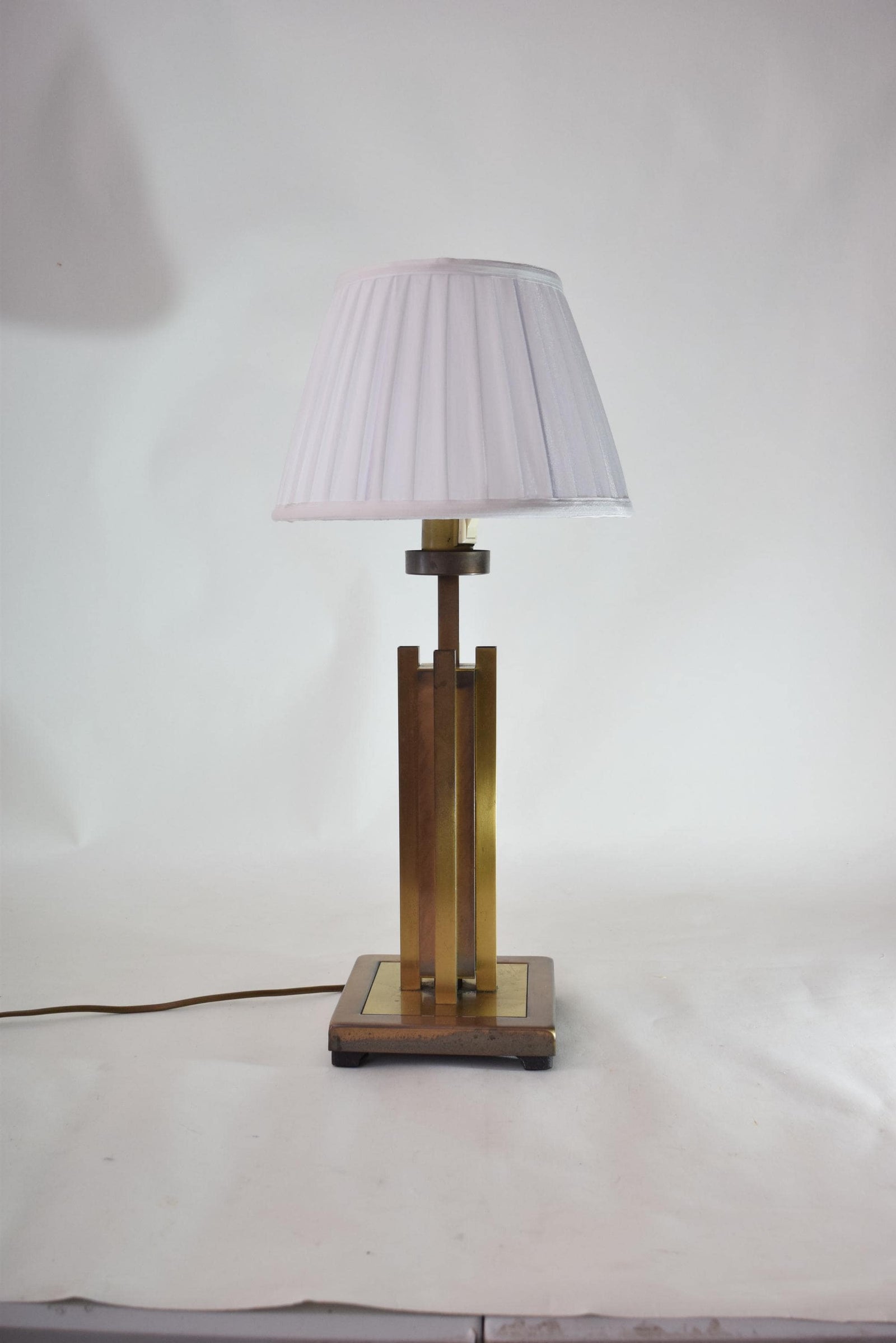 Vintage Geometric Brass Table Lamp, 1980s | Faceted Column, Pleated White Shade | Mid-Century Modern Accent Lighting