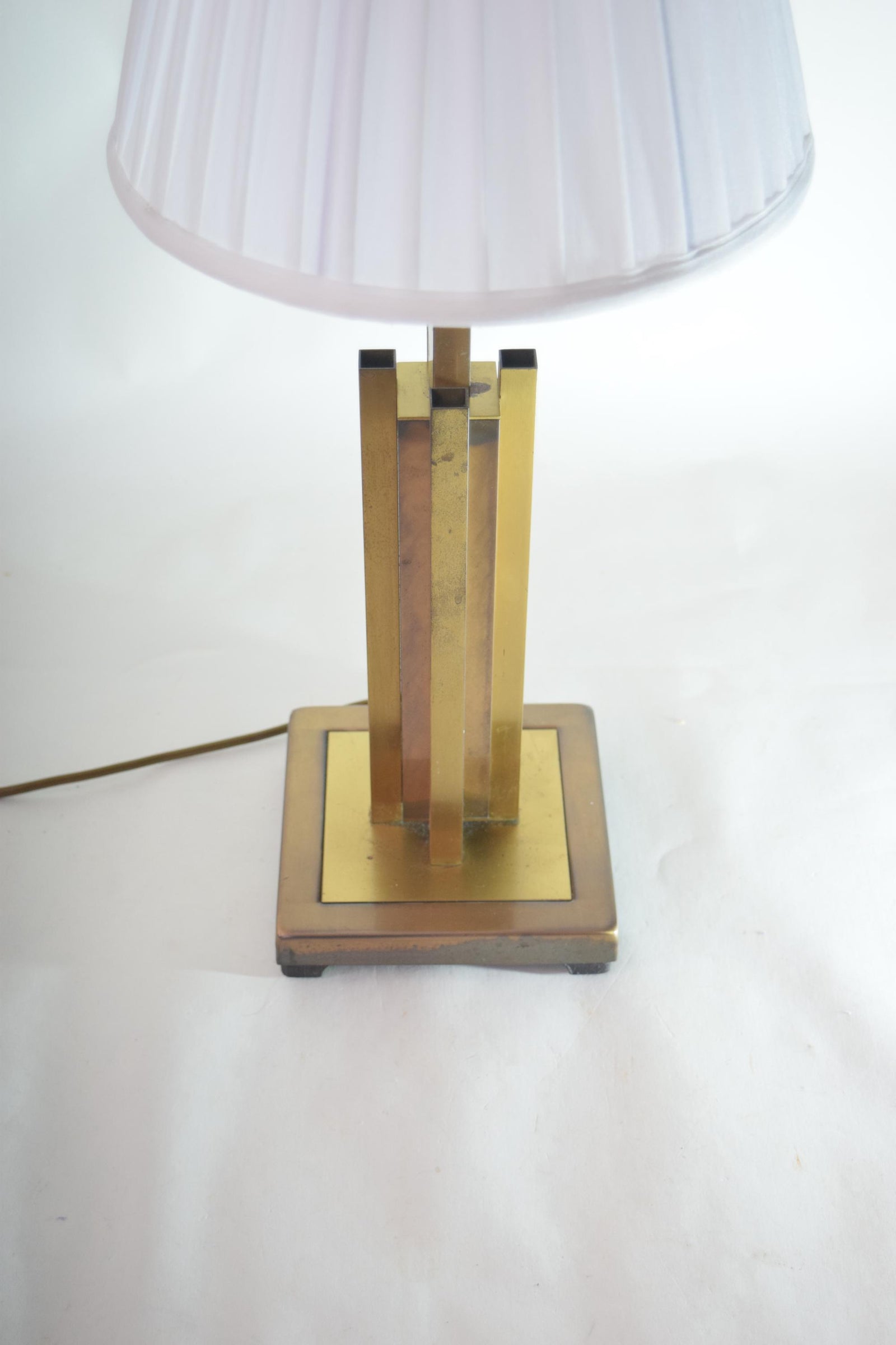 Vintage Geometric Brass Table Lamp, 1980s | Faceted Column, Pleated White Shade | Mid-Century Modern Accent Lighting
