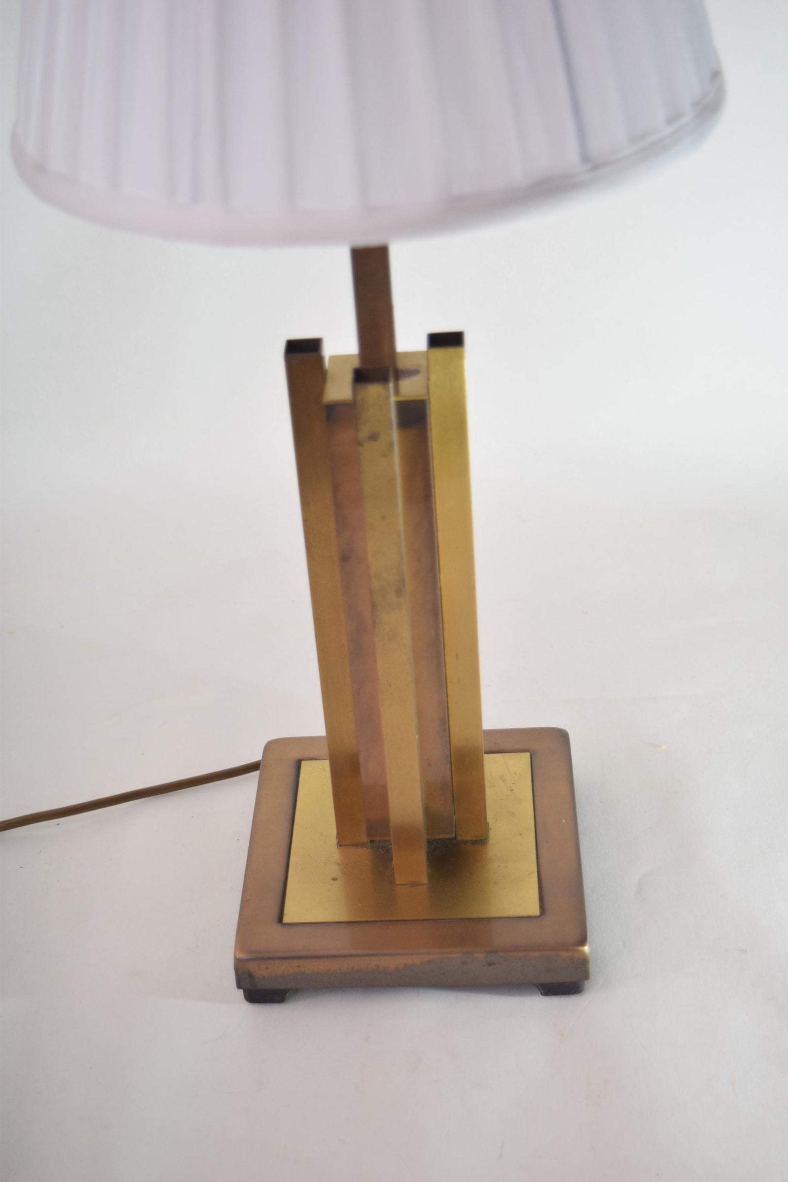 Vintage Geometric Brass Table Lamp, 1980s | Faceted Column, Pleated White Shade | Mid-Century Modern Accent Lighting