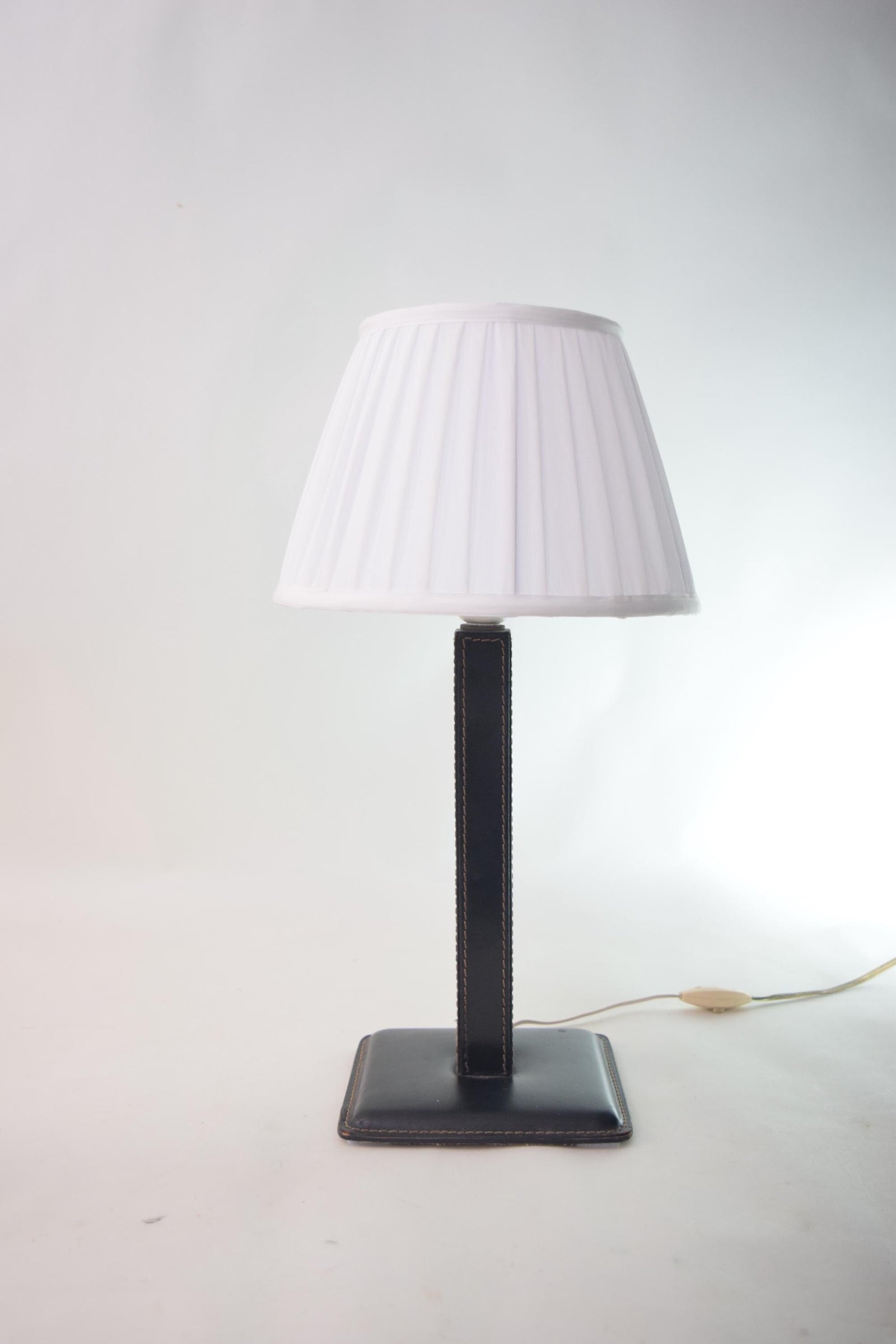 Vintage Leather Table Lamp, Pleated Shade — Mid-Century Modern, 1960s