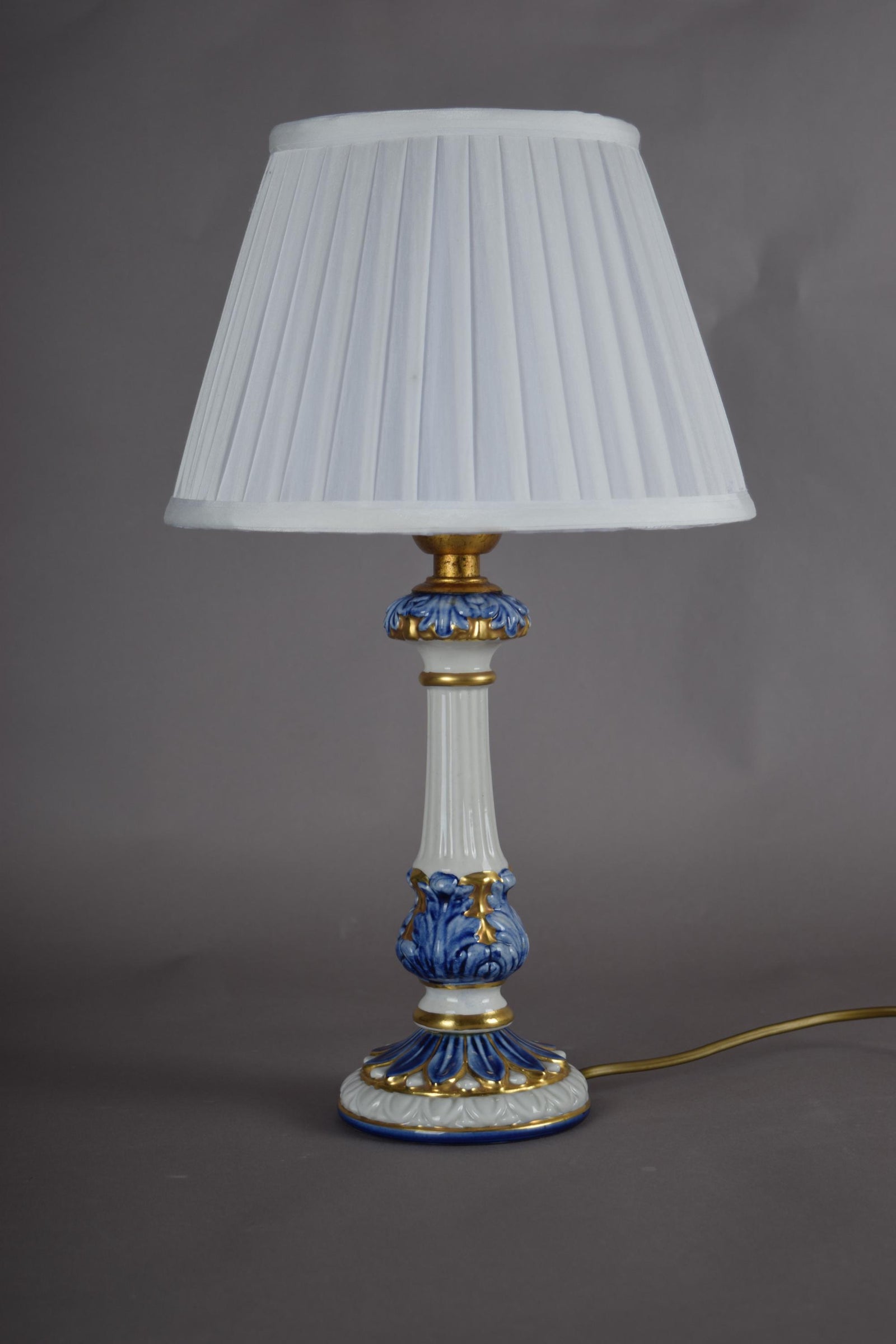 Vintage Blue and White Ceramic Table Lamp, Gilt Fluted Column — Pleated Shade Included