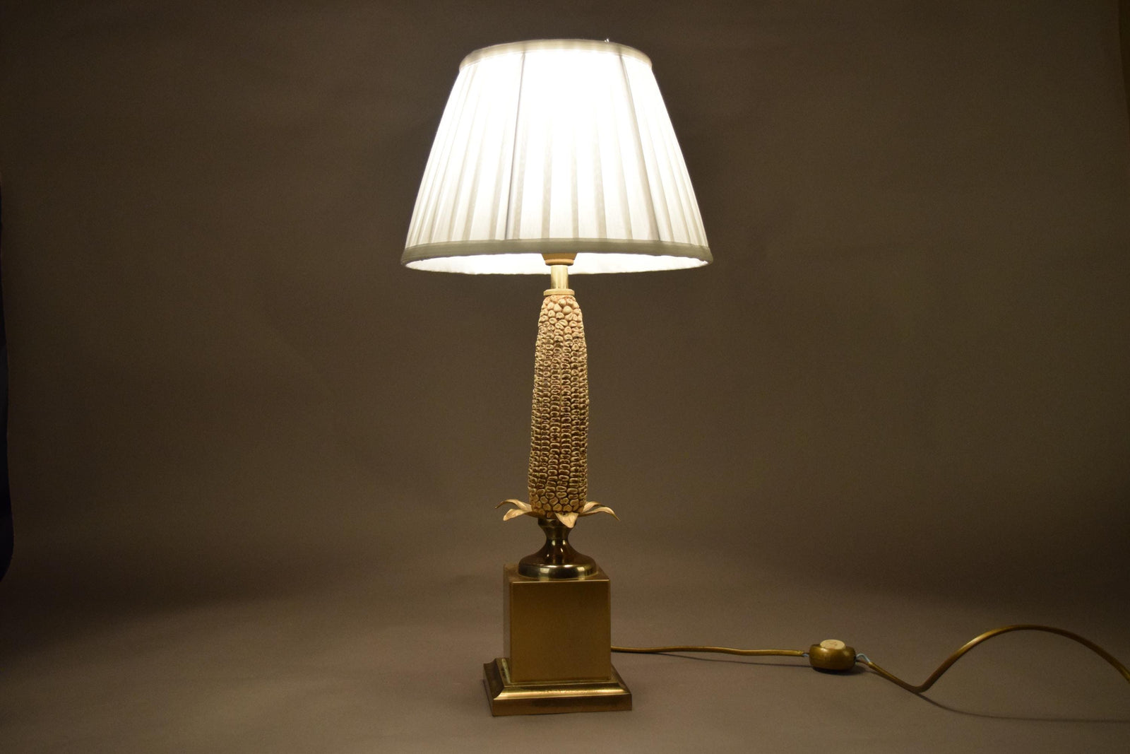 Mid-Century Brass Corn Table Lamp with Pleated Shade, 1970s