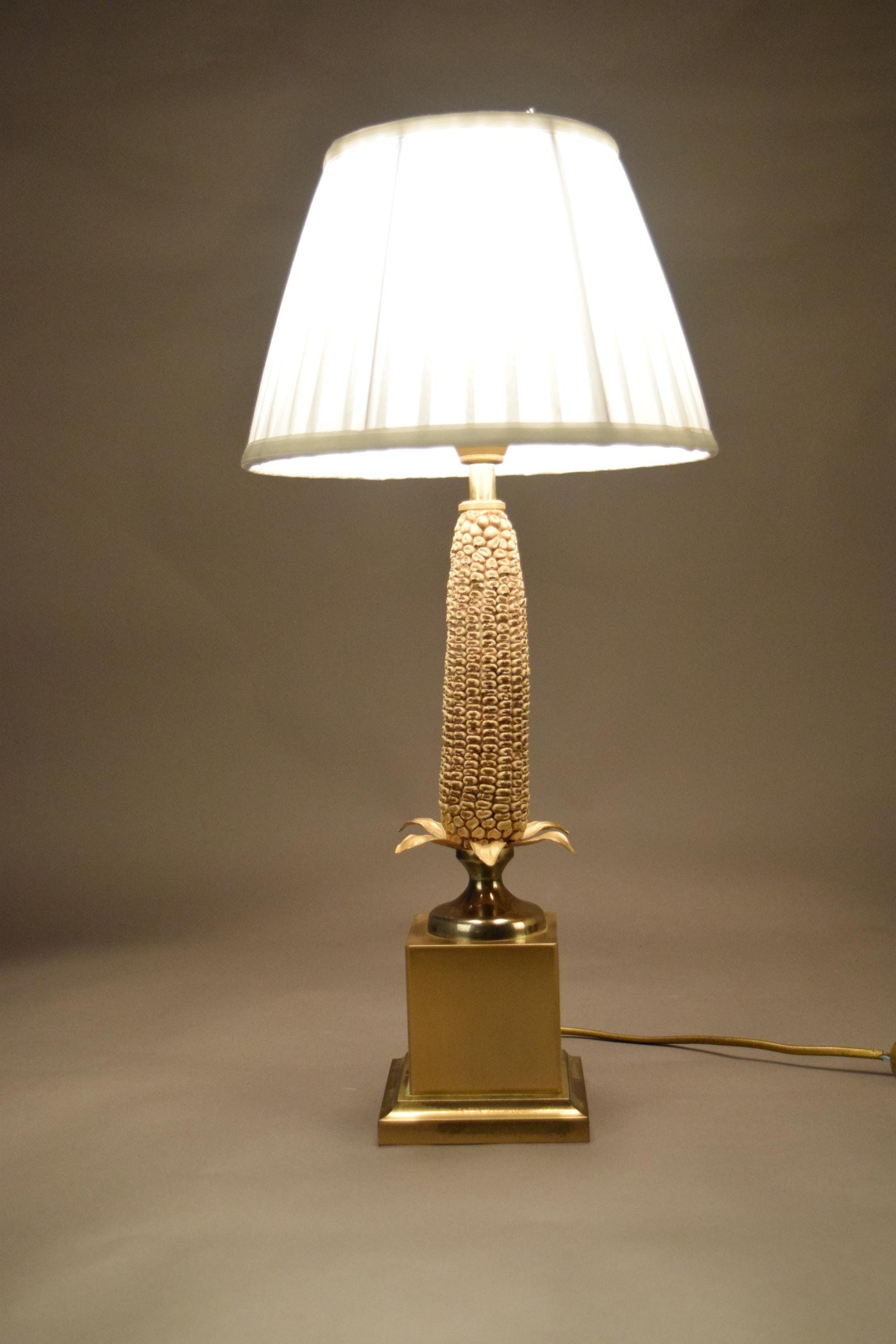 Mid-Century Brass Corn Table Lamp with Pleated Shade, 1970s
