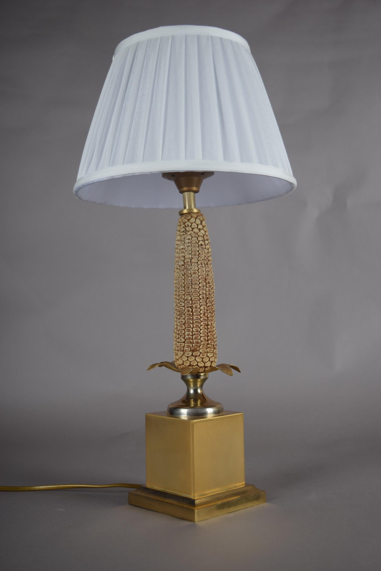 Mid-Century Brass Corn Table Lamp with Pleated Shade, 1970s