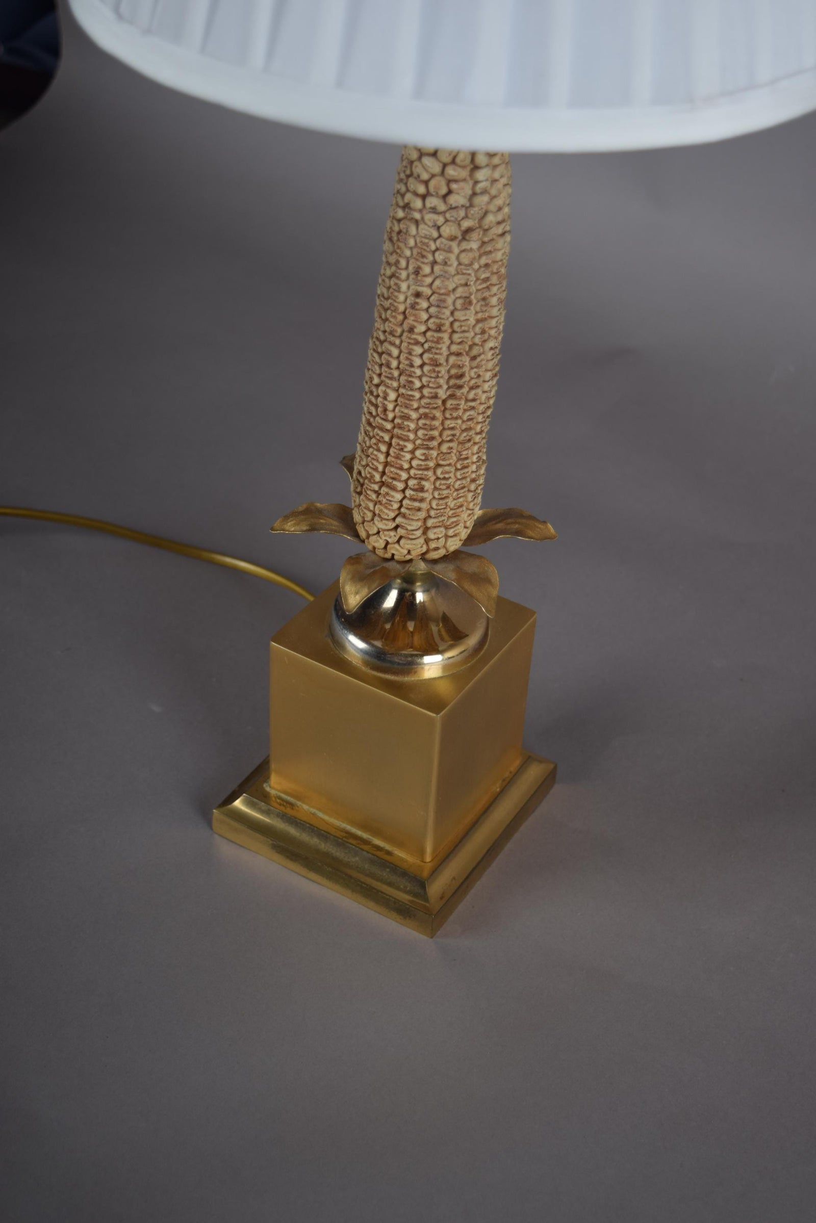 Mid-Century Brass Corn Table Lamp with Pleated Shade, 1970s