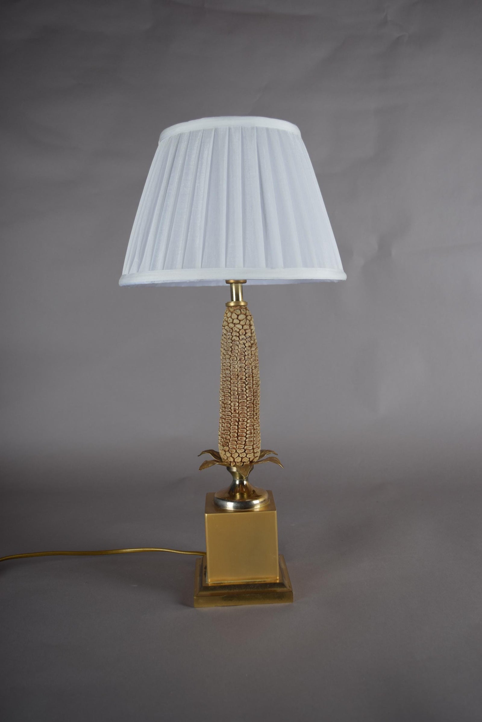 Mid-Century Brass Corn Table Lamp with Pleated Shade, 1970s