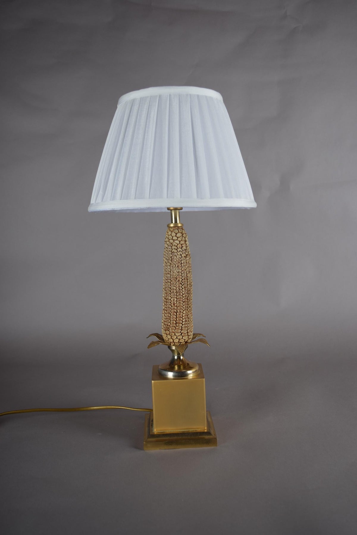 Mid-Century Brass Corn Table Lamp with Pleated Shade, 1970s