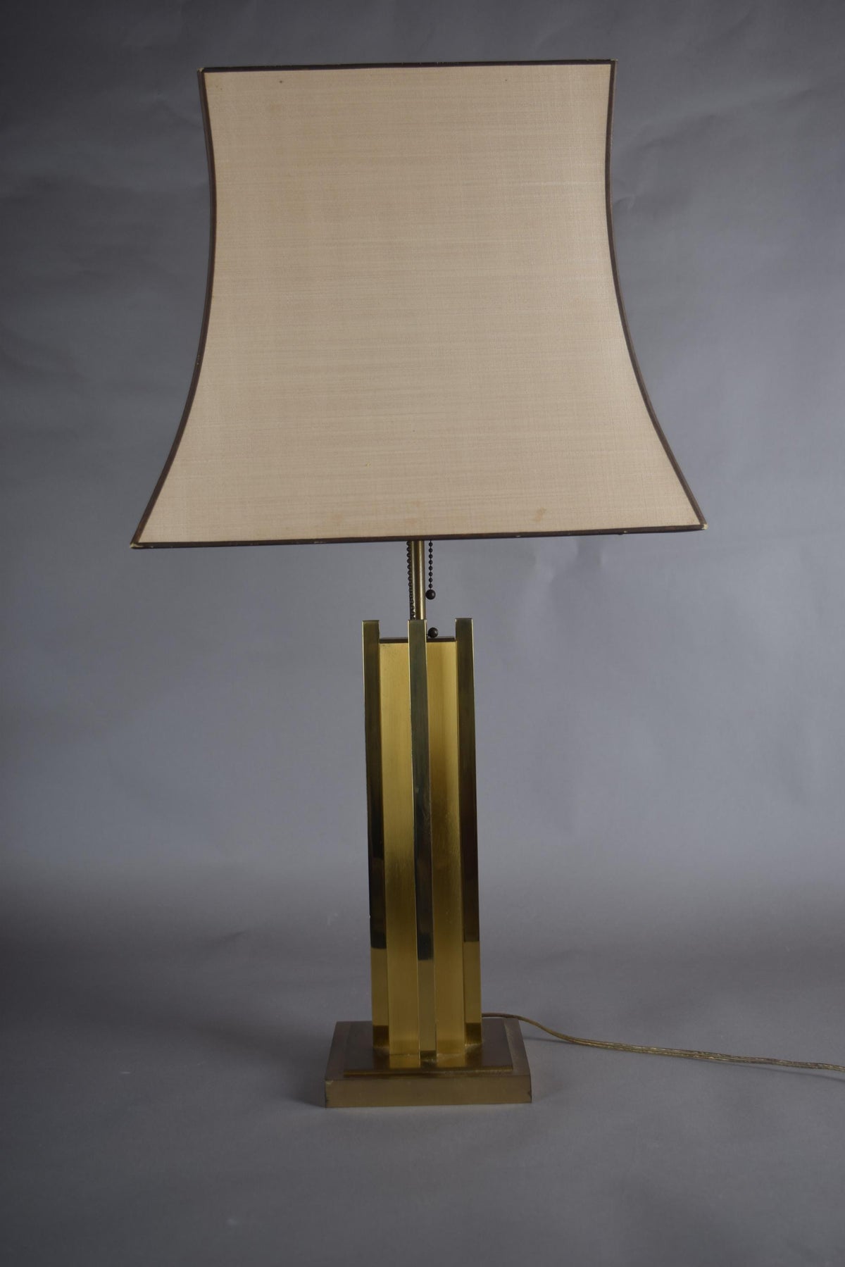 Willy Rizzo Style Brass Table Lamp, 1970s Italy, Skyscraper Column Design, Dual Pull Chain Lamp