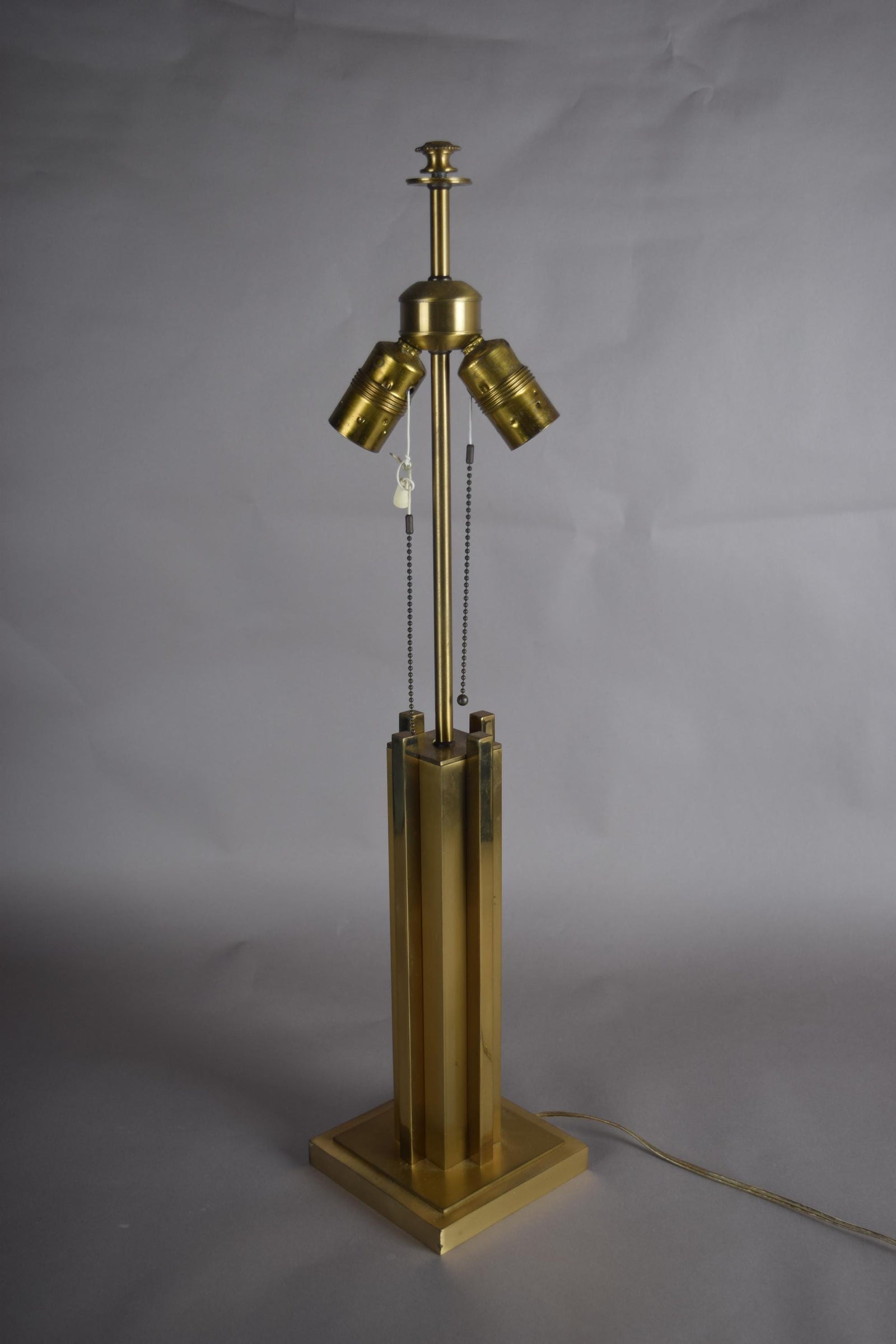 Willy Rizzo Style Brass Table Lamp, 1970s Italy, Skyscraper Column Design, Dual Pull Chain Lamp