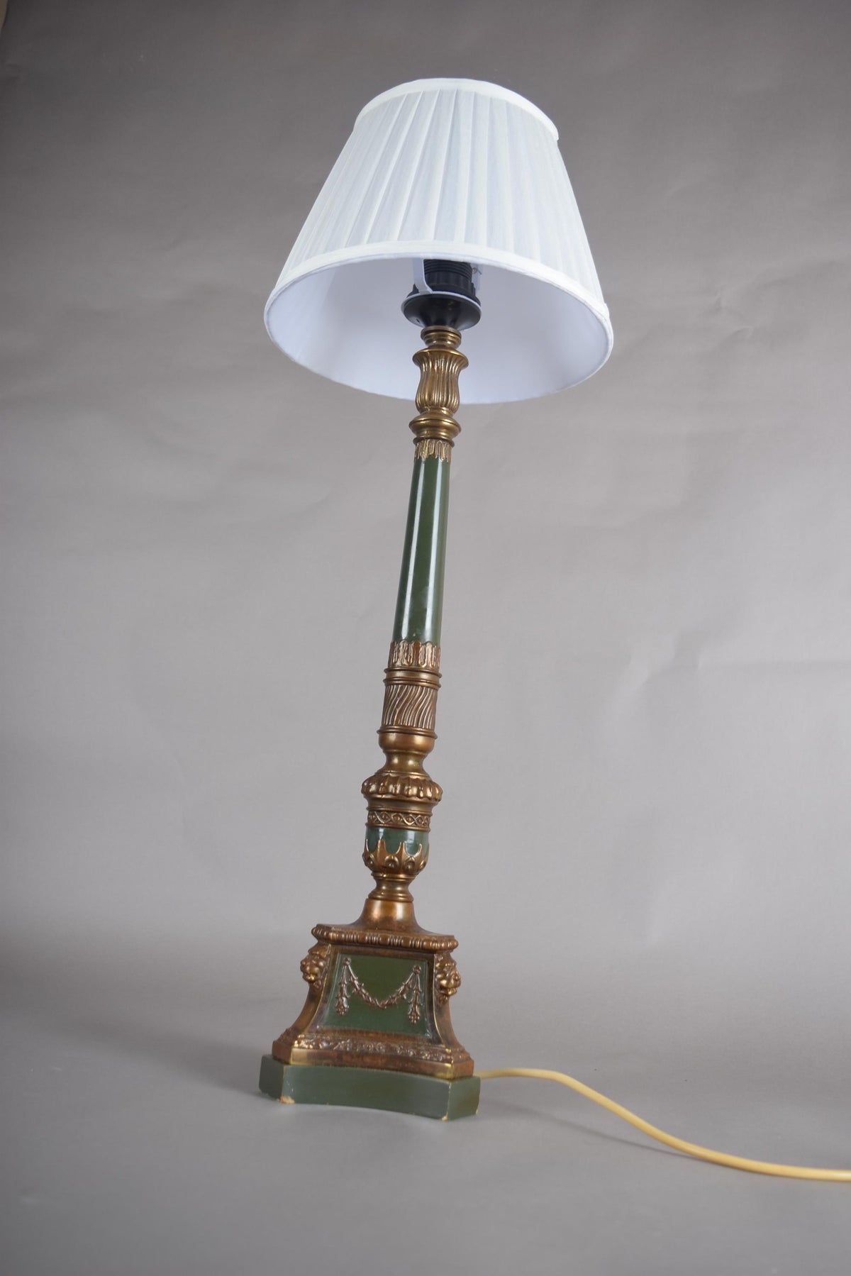 Vintage Brass-Toned Table Lamp, Louis XVI Style, Green Column with Pleated Shade, 1950s